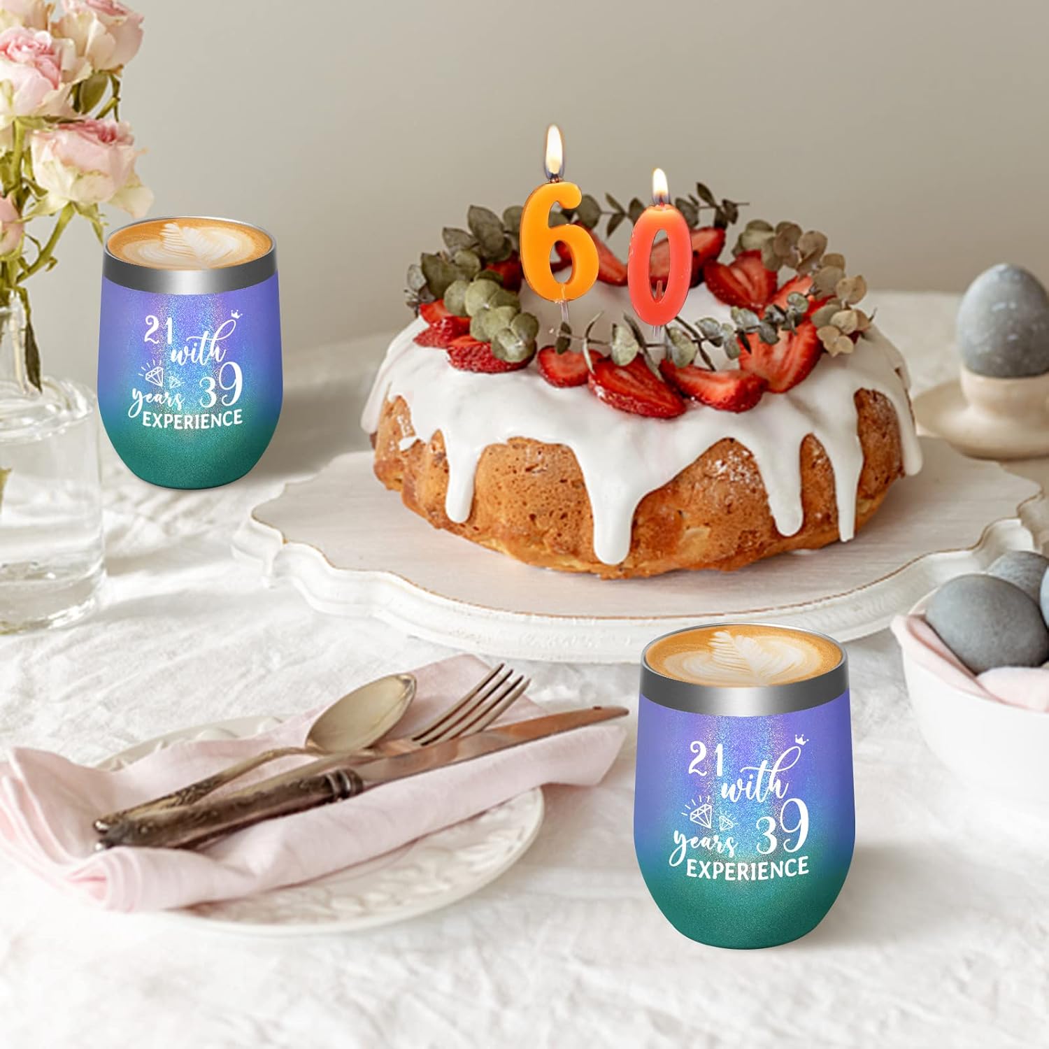 Regalos de cumpleaños número 60 para mujeres, vaso de vino de cumpleaños 60 para mujer, vaso de vino aislado de 12 onzas con tapa y pajita, gran