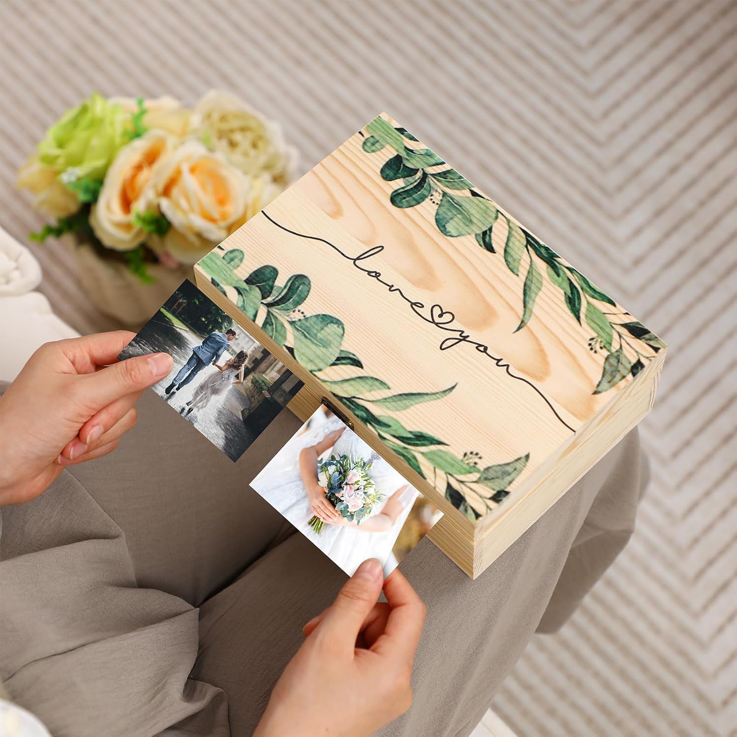 Huwena Love You and Mr Mrs Memory – Caja de madera grande de eucalipto para aniversario, 9 x 6 x 3.2 pulgadas, caja de recuerdo para boda, día de
