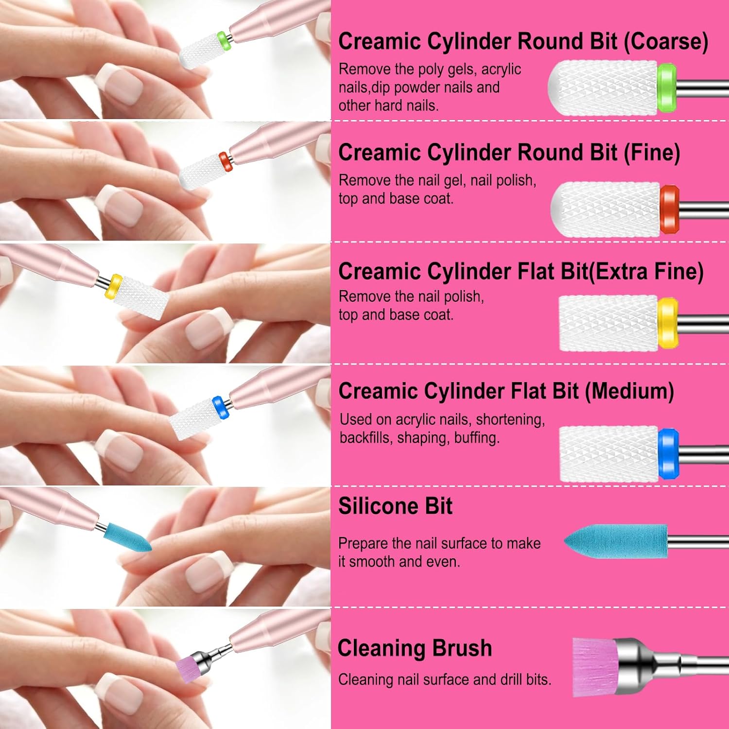 Juego de 19 brocas de uñas con caja de almacenamiento, brocas de carburo de diamante de cerámica de tungsteno de 332 pulgadas para uñas acrílicas,