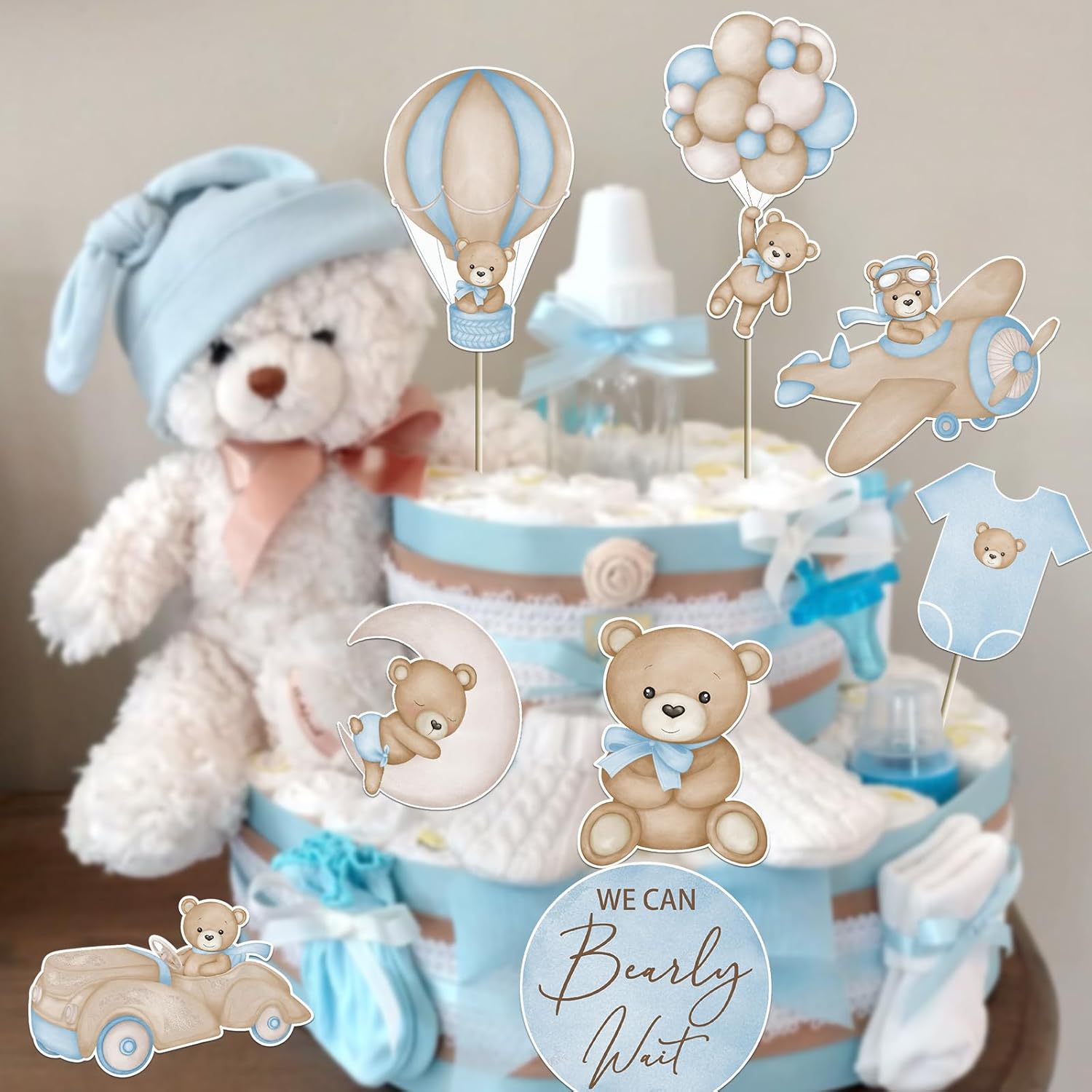 16 centros de mesa azules con texto en inglés We Can Bearly Wait para decoración de baby shower, centros de mesa de oso para baby shower para niños,