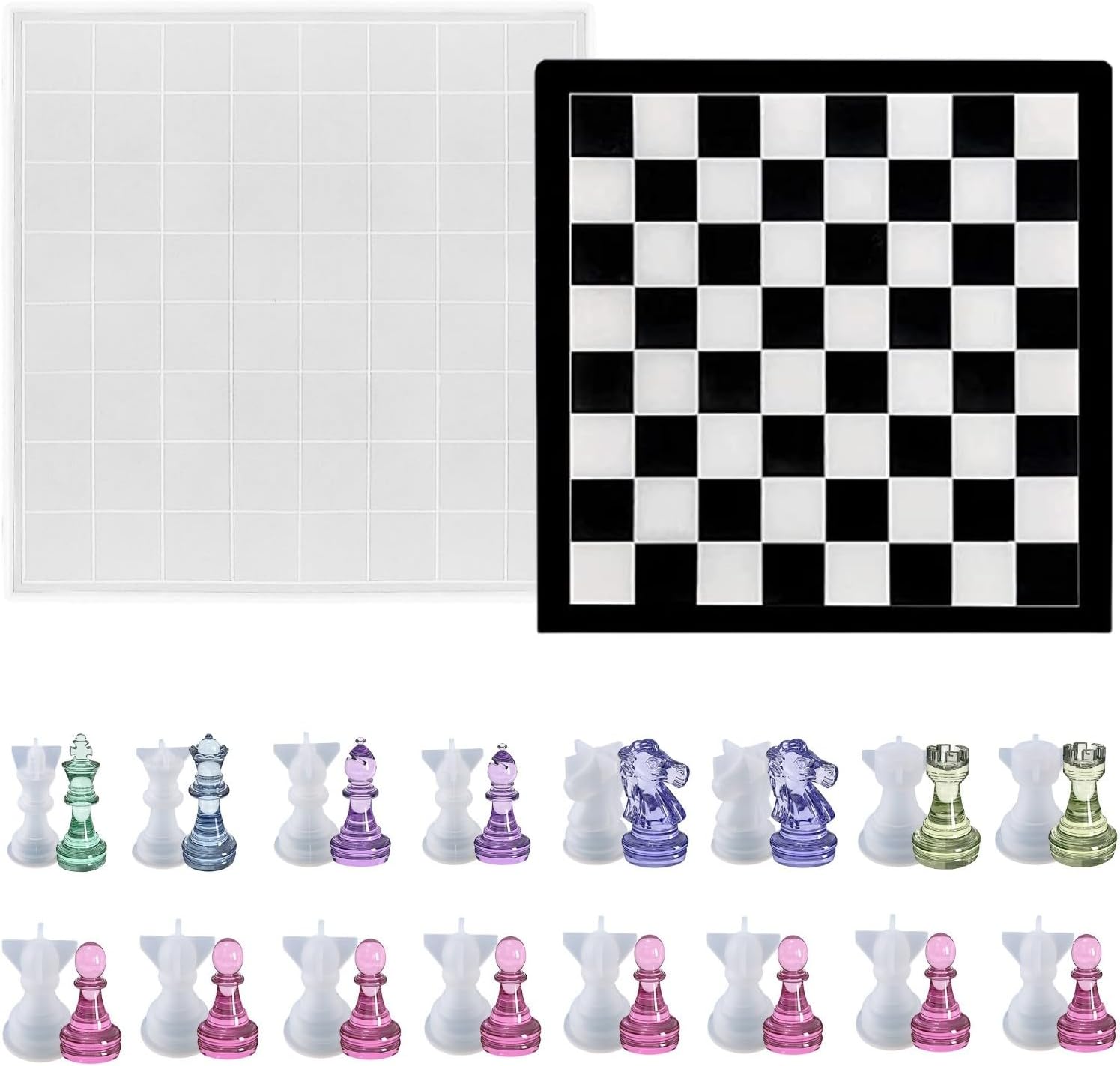 Juego de moldes de resina de ajedrez, 1 molde de silicona para tablero de ajedrez y 16 moldes epoxi de ajedrez 3D de tamaño completo y molde de