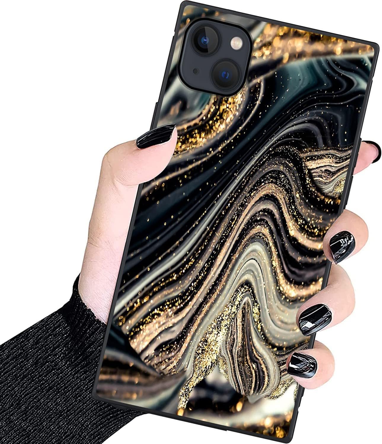 Funda cuadrada de lujo para iPhone 15, diseño de mármol de geoda de ónix negro y dorado, funda cuadrada para mujeres y hombres, suave TPU protección
