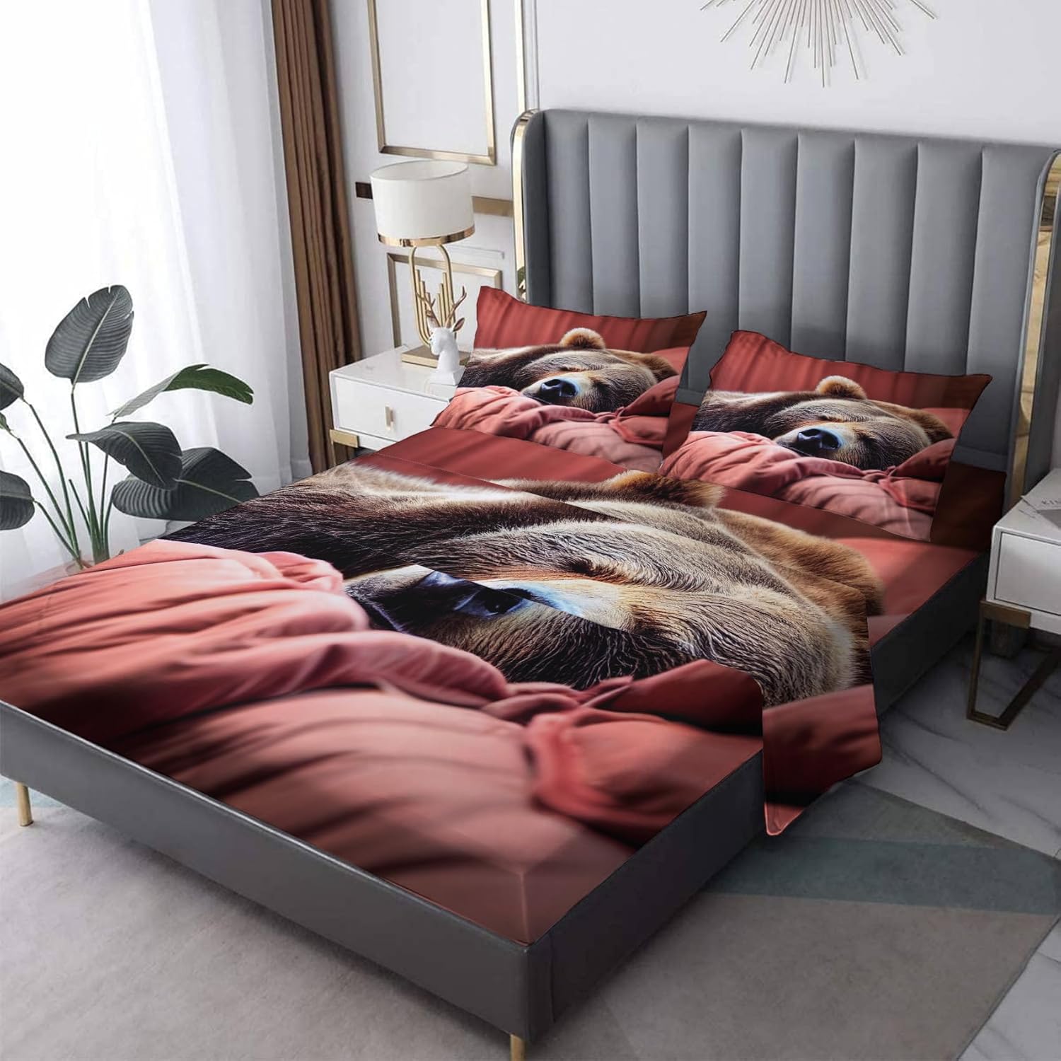 Juego de sábanas de oso tamaño Queen, sábanas de animales, sábanas y fundas de almohada estampadas de 4 piezas, sábana bajera ajustable de