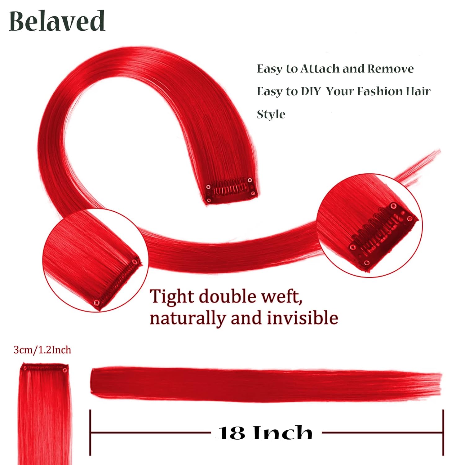 2 extensiones de cabello rojo con clip de 16 pulgadas, extensiones de cabello largo liso con clip, extensiones de cabello coloridas, accesorios para