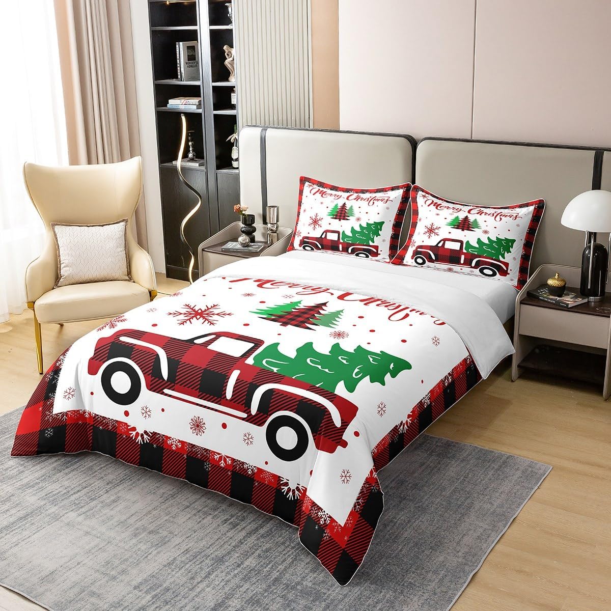 Juego de funda de edredón de algodón de Navidad, juego de edredón de automóvil con cuadrícula de Navidad para niños, niñas, adolescentes, decoración