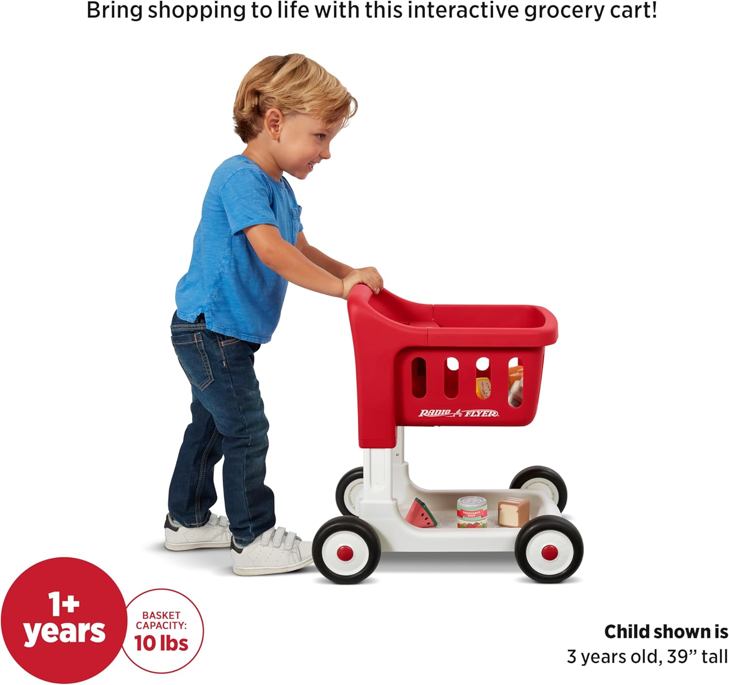 Radio Flyer Escanea y clasifica el carrito de compras con luces y sonidos, andador de bebé con ruedas, carrito de compras rojo para niños a partir
