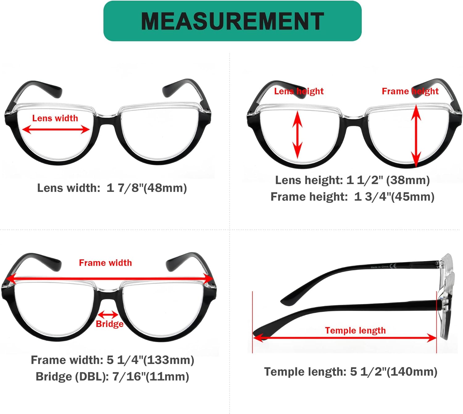 Eyekepper Gafas para mujer leyendo marco grande – Lectores de diseño de media luna para mujer de gran tamaño, TransparenteRojo