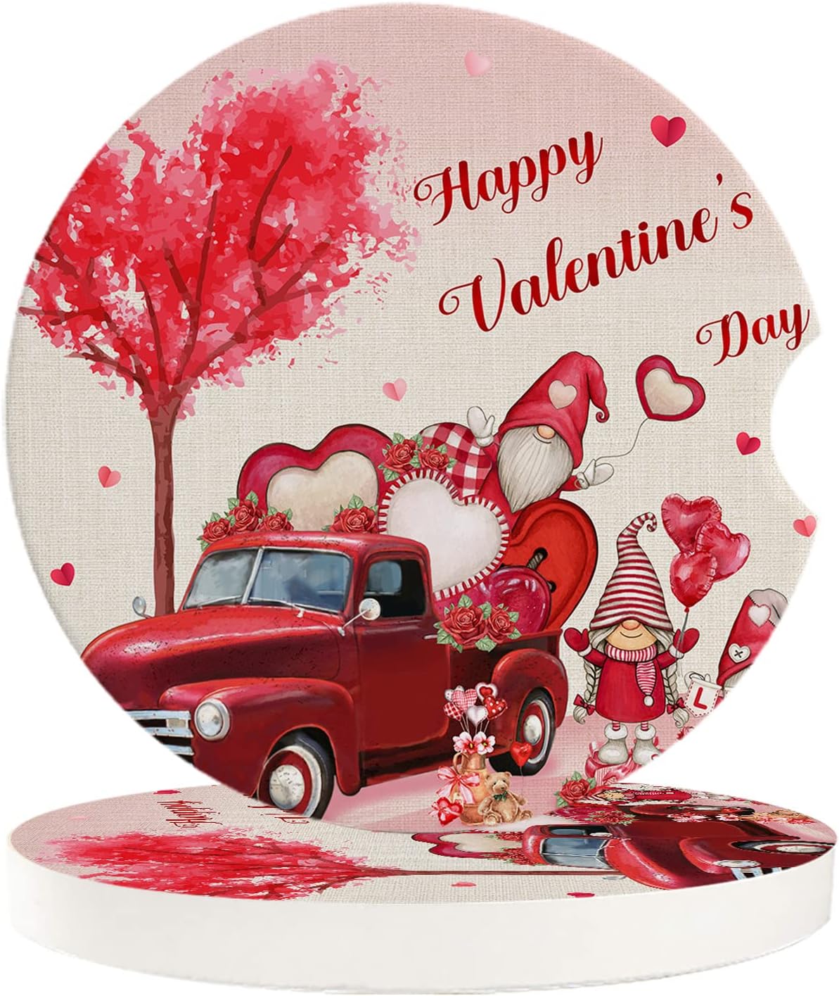 2 Packs Car Cup Holder Coaster, Happy Valentine’s Day Rose Gnomes Heart Shape Tree Red Truck Universal Fashion Car Cup Holders for Women Men