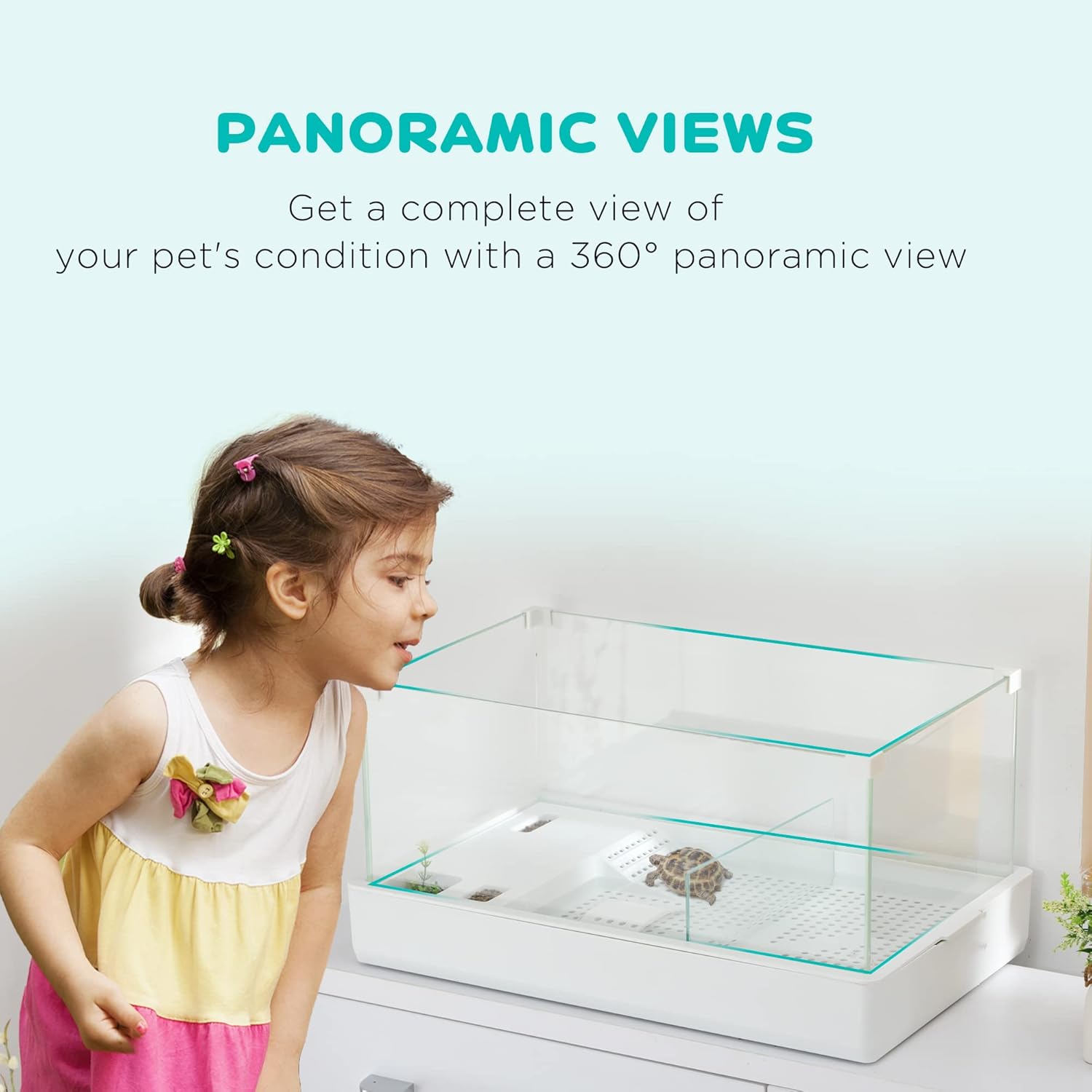 PawHut Tanque de tortuga de cristal, acuario de tortugas con plataforma para tomar el sol y diseño de capa de filtro, vista completa hábitat visual