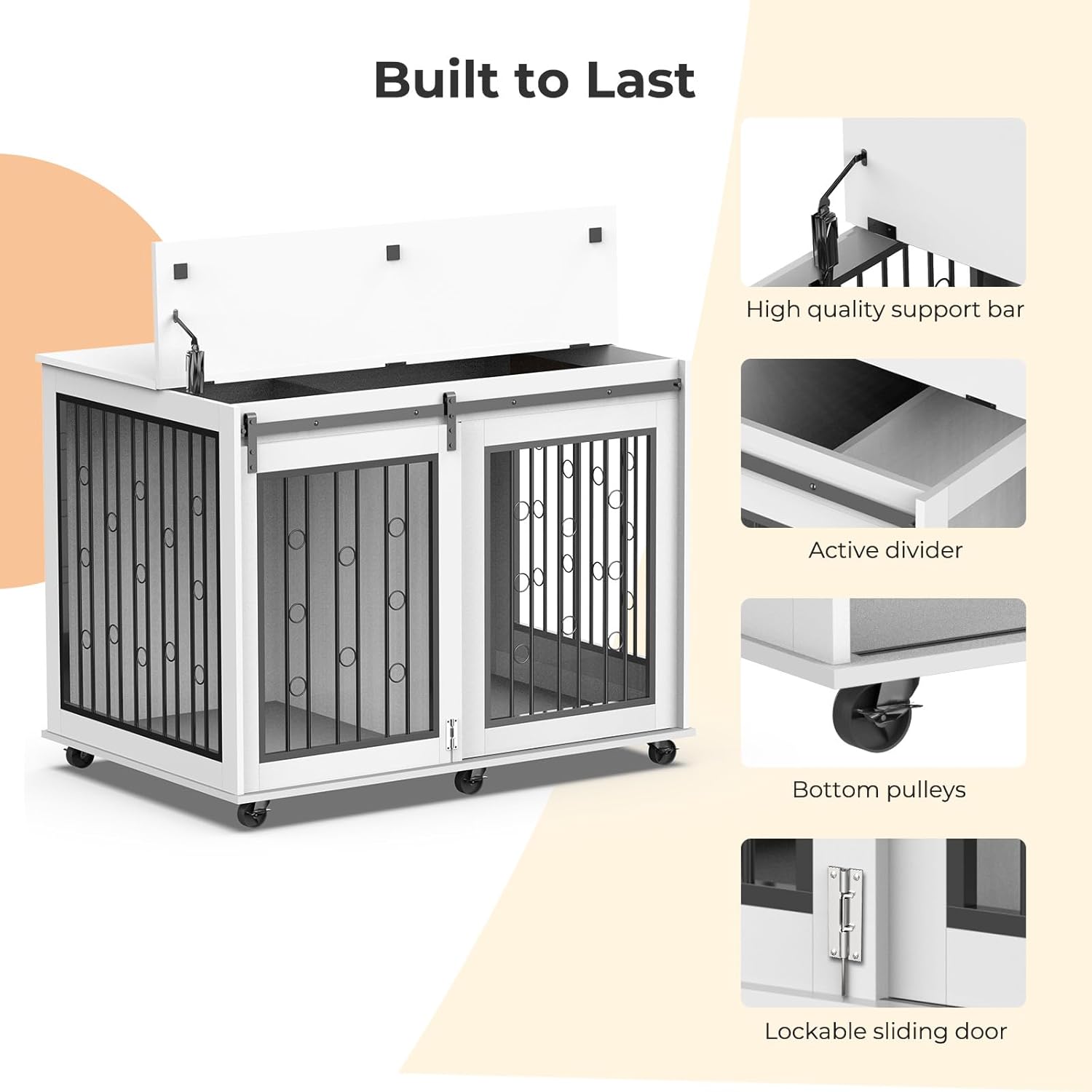 Furniture Style – Mesa auxiliar para perros con puerta corrediza de granero, muebles de interior para perreras con divisor extraíble para 2 mascotas