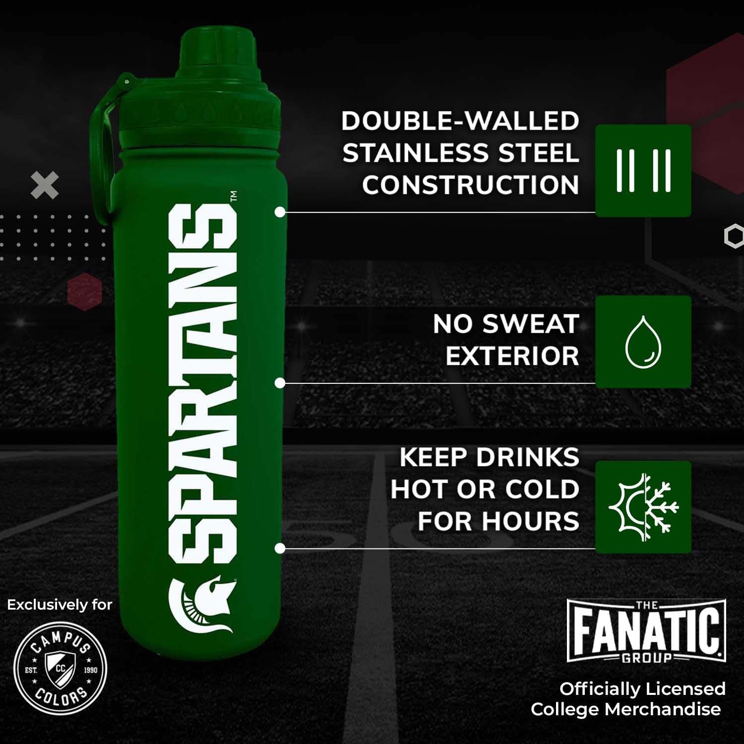 Campus Colors Botella de agua de acero inoxidable de la NCAA, tapa giratoria, 24 onzas, clip de transporte, mantiene tus bebidas calientes o frías