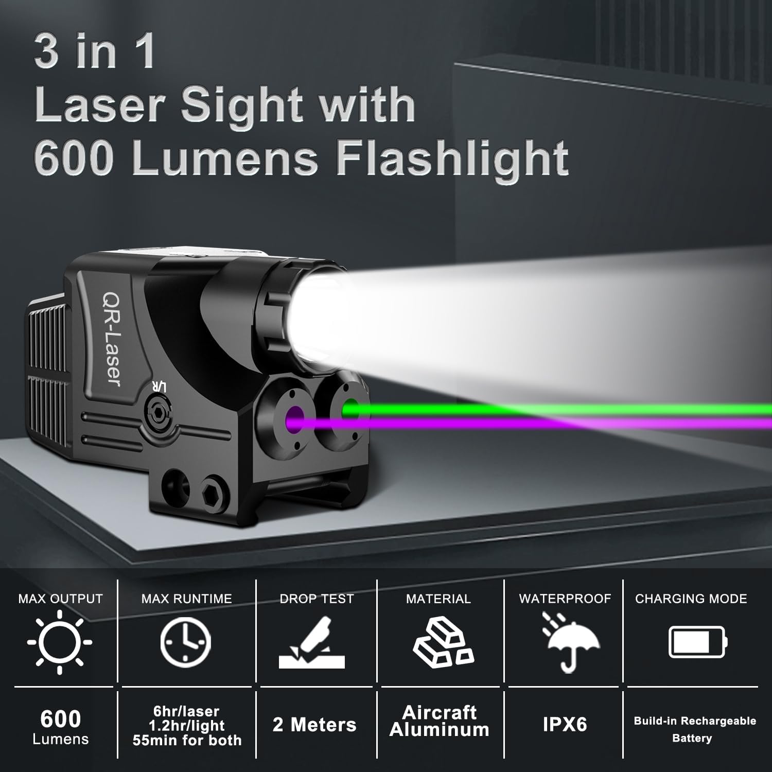 3 in 1 Red Green Purple Blue Laser Light Combo, 600 Lumens Tactical Flashlight Laser Sight, Built-in USB Rechargeable Battery