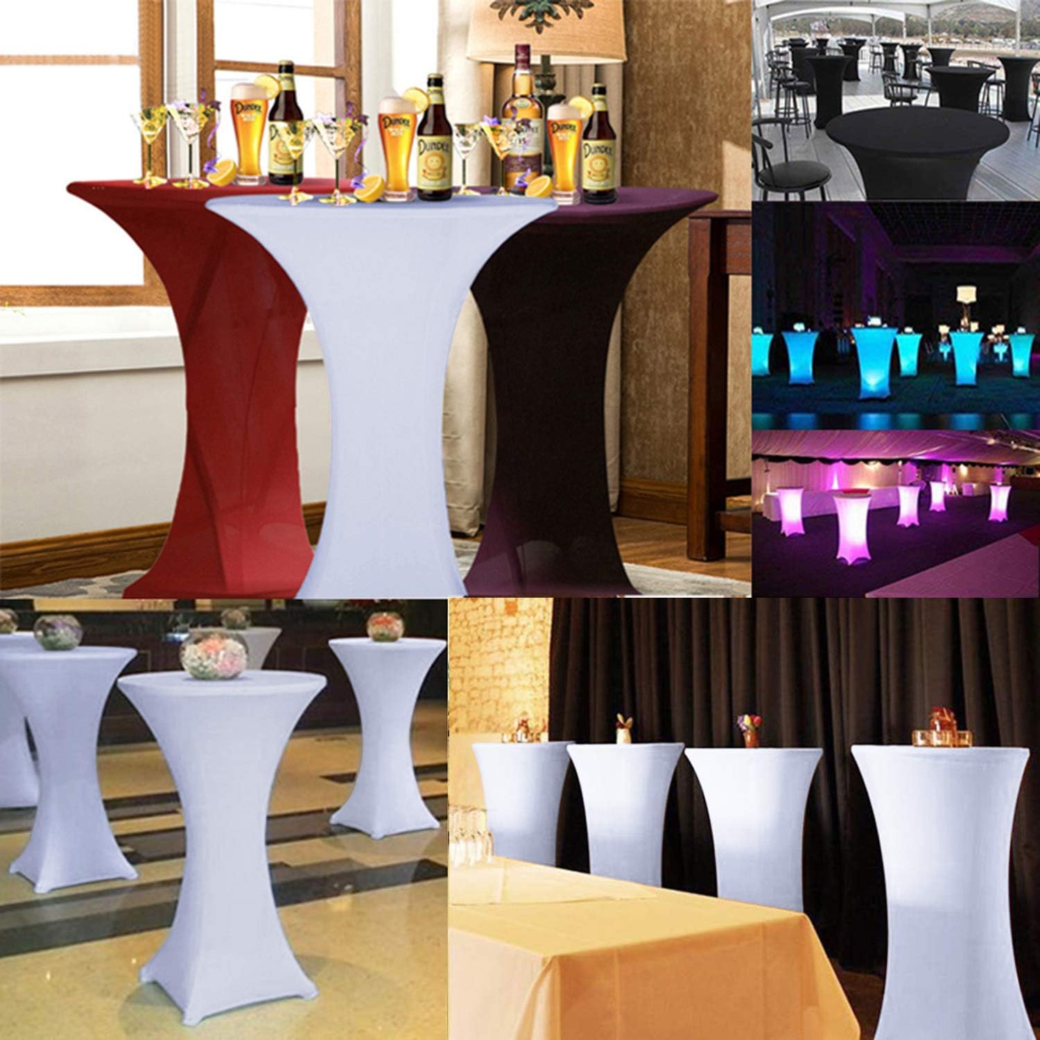 Reliancer Mantel redondo para mesas de cóctel plegables de elastano ajustado a la mesa de 4 vías para fiestas al aire libre, exhibición, DJ,