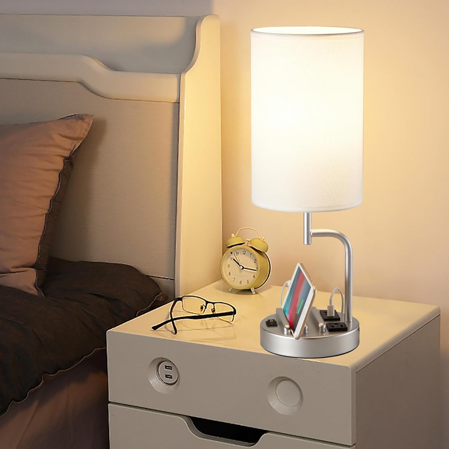 Dreamholder – 2lámparas de mesa con 3puertos de carga USB, moderna lámpara de escritorio con toma de corriente alterna y soportes para teléfono,
