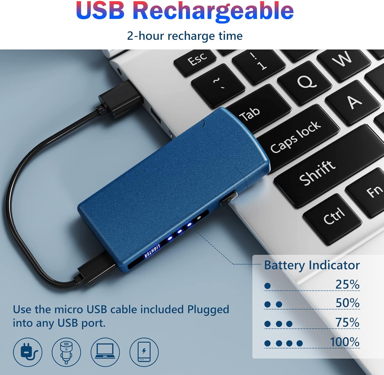 JOBON Encendedor eléctrico recargable por USB, encendedor de plasma, resistente al viento, encendedor de metal sin llama con indicador de batería