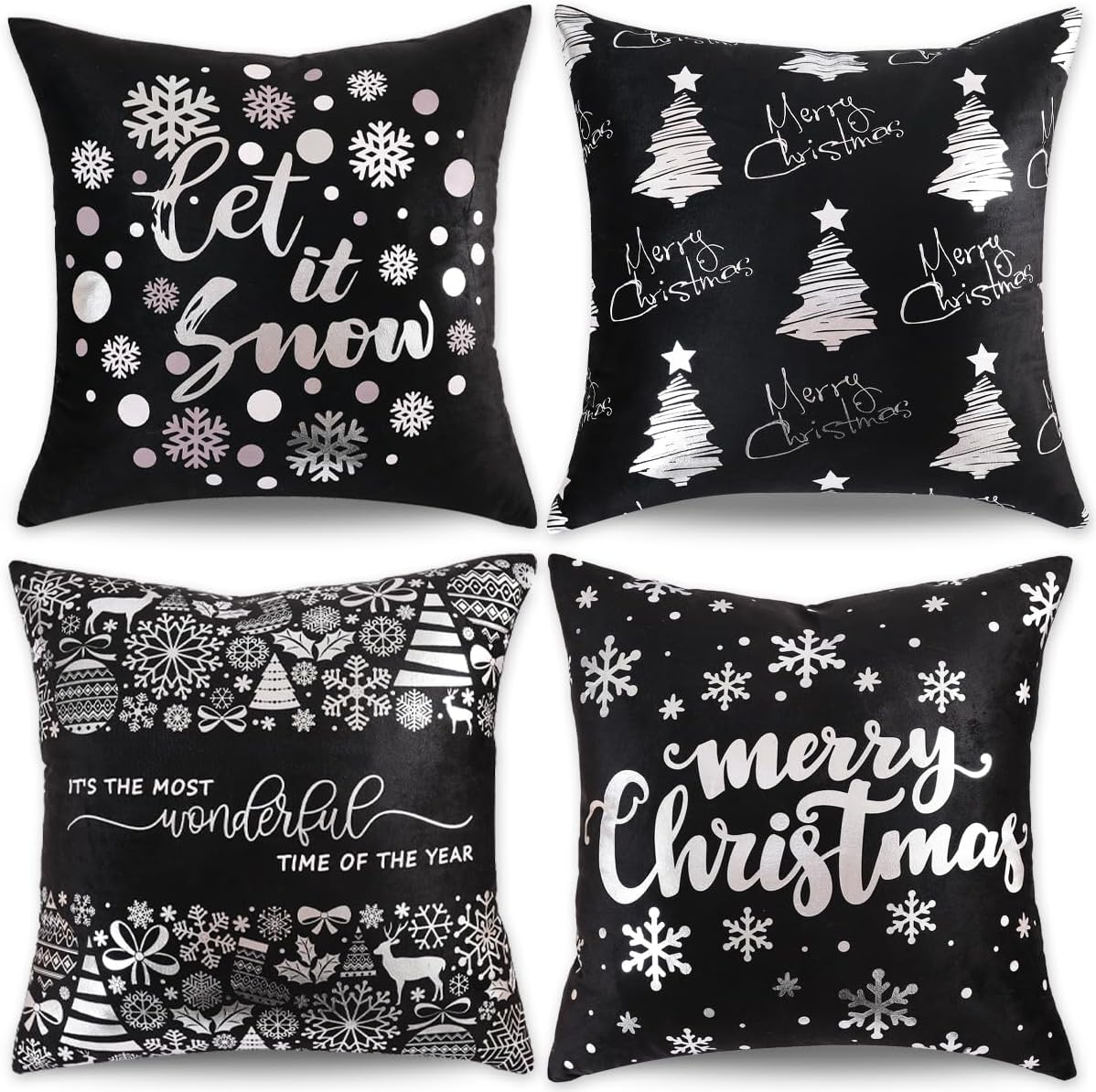 Juego de 4 fundas de almohada navideñas negras y plateadas de 18 x 18 pulgadas, decoración de Navidad plateadas y negras, almohadas decorativas de