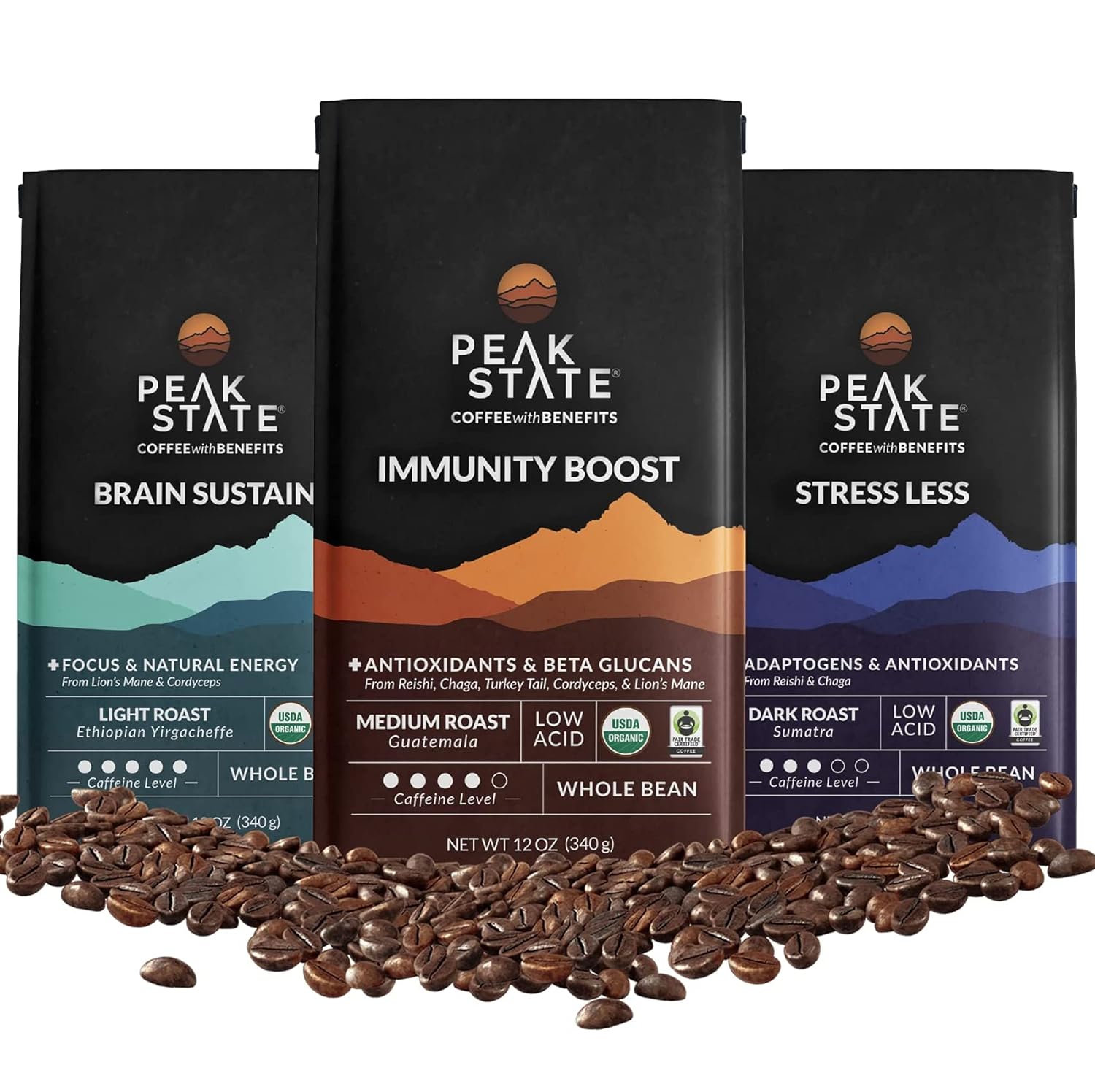 Peak State Café con beneficios, paquete variado de 3 bolsas café de hongos, bajo en ácido y suave, refuerzo de la inmunidad, mantenimiento del