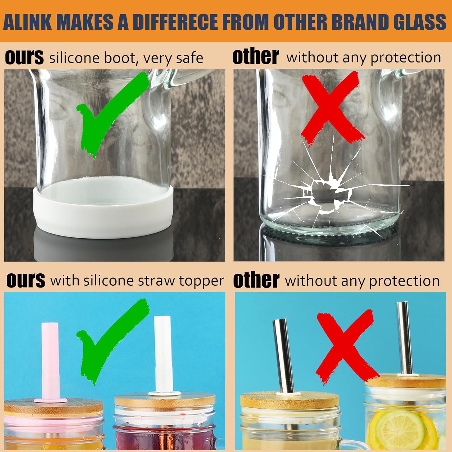 ALINK Vasos de vidrio con tapas y pajitas, vaso de 24 onzas con asa, funda de silicona, puntas, cepillo, tazas de café helado reutilizables, vasos