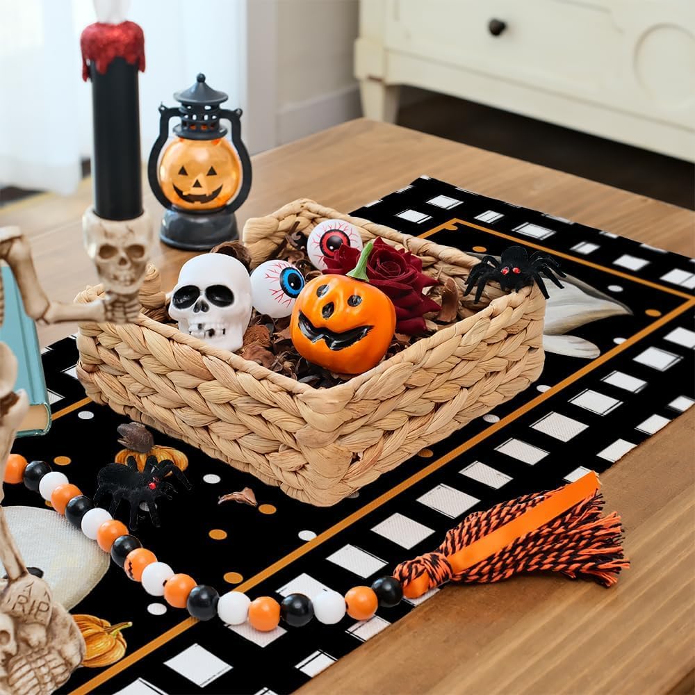 ARKENY Camino de mesa de Halloween de 13 x 48 pulgadas, calabaza, fantasma, arpillera estacional, lunares, granja, interior, cocina, comedor,