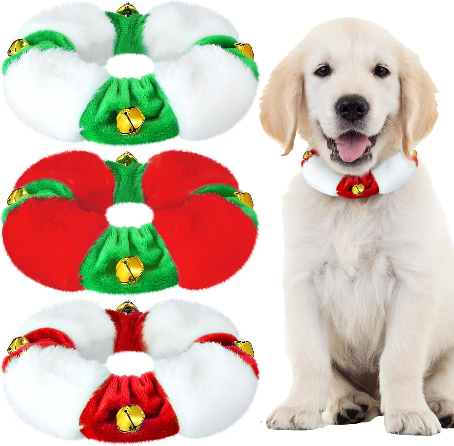 Abbylike 3 piezas de collar navideño de felpa para perro, blanco, rojo, verde, elástico, festivo, día festivo, collar elástico de Navidad para