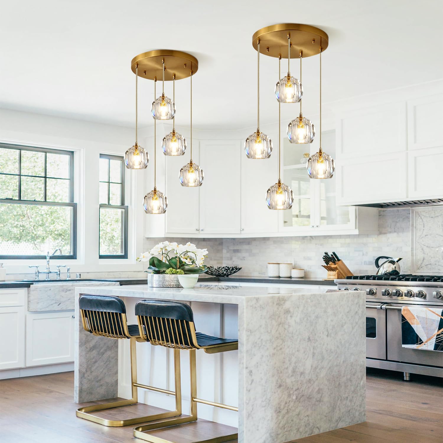 Iluminación colgante de racimo de 5 luces de mediados de siglo, moderna lámpara colgante de isla de cocina de cristal dorado, lámpara colgante LED