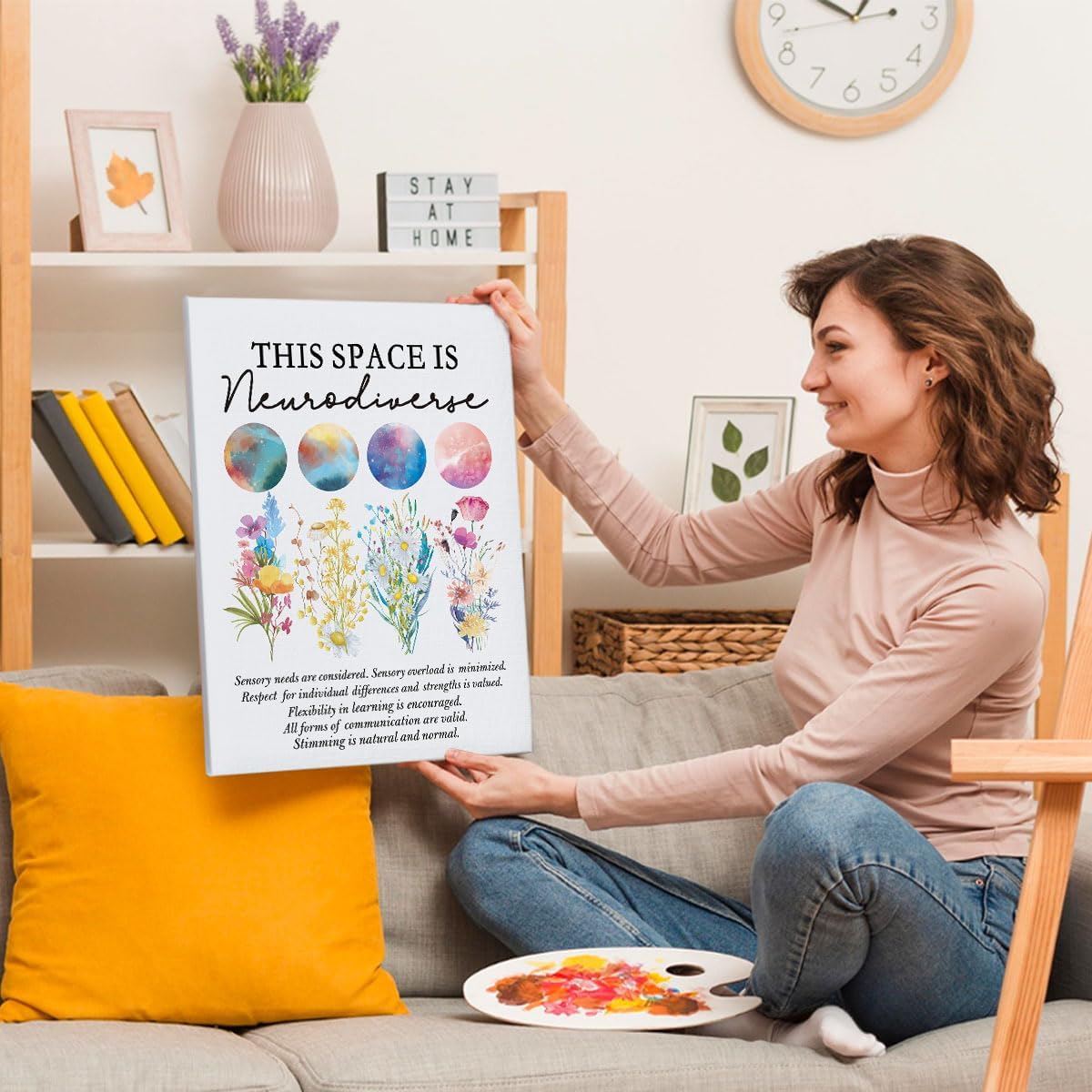 Lienzo decorativo de pared con texto en inglés “This Space Is Neurodiverse (Este espacio es neurodiverso) de 11 x 14 pulgadas, arte enmarcado para