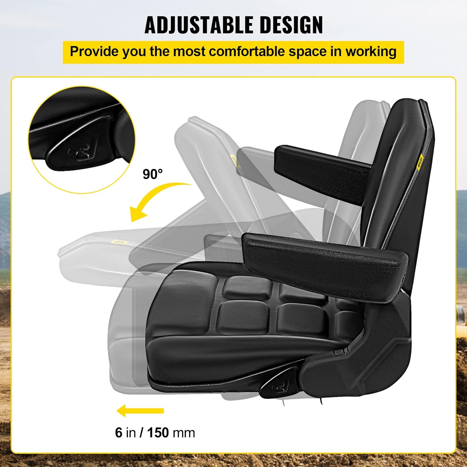 Bestauto Asiento de carretilla elevadora plegable universal con cinturón de seguridad retráctil, reposabrazos, asiento ajustable para excavadora,