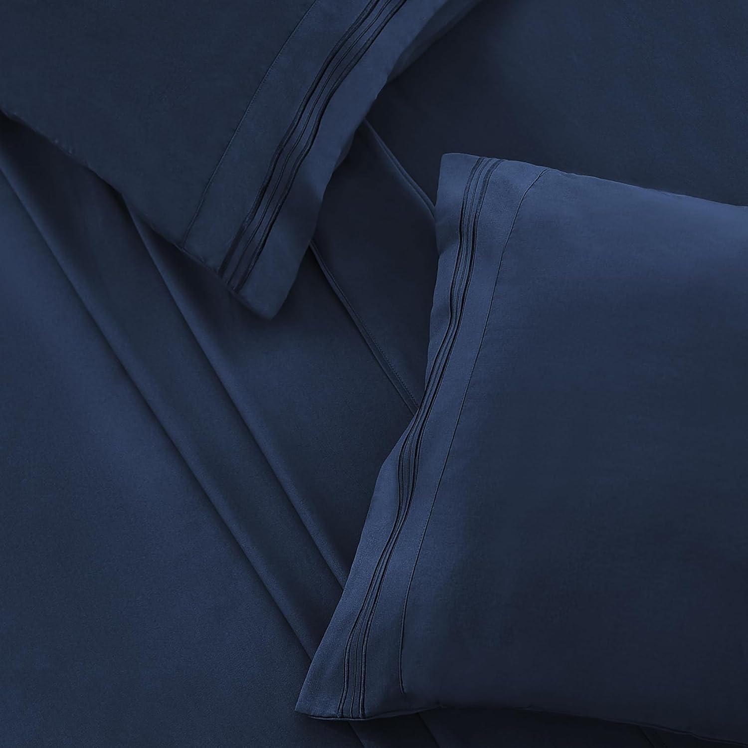 Juego de sábanas y fundas de almohada de bolsillo profundo, color azul marino, sábanas de microfibra refrescante, 4 piezas, color azul marino
