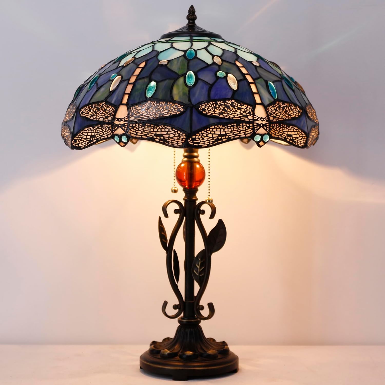 Tiffany – Lámpara de mesa con vitrales, luz de lectura de escritorio de 16 x 16 x 24 pulgadas, hoja de metal para dormitorio, sala de estar, oficina