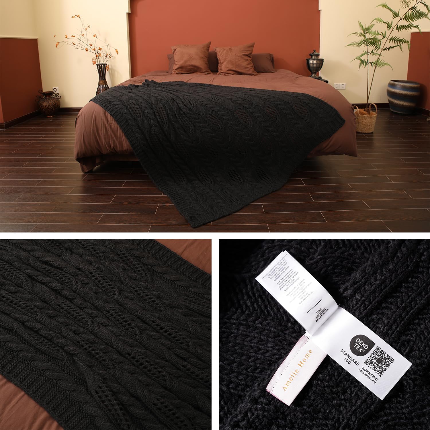 Amélie Home Manta negra para sofá, manta de punto trenzado hueco, suave, acogedora, ligera y transpirable, decorativa de primavera para sofá,