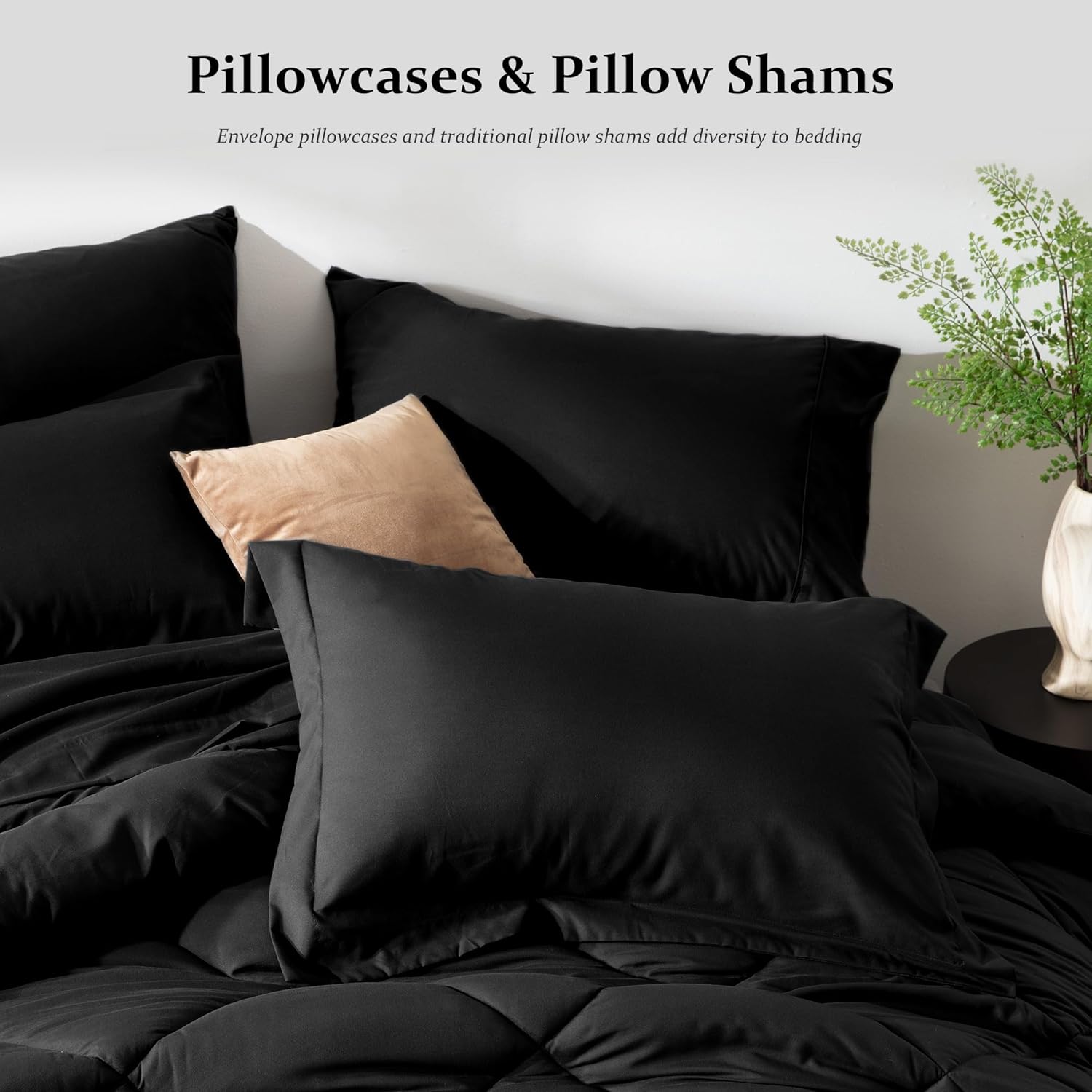 Newspin Juego de edredón de 6 piezas para cama individual en una bolsa, juego de cama negro para todas las estaciones, juegos de ropa de cama