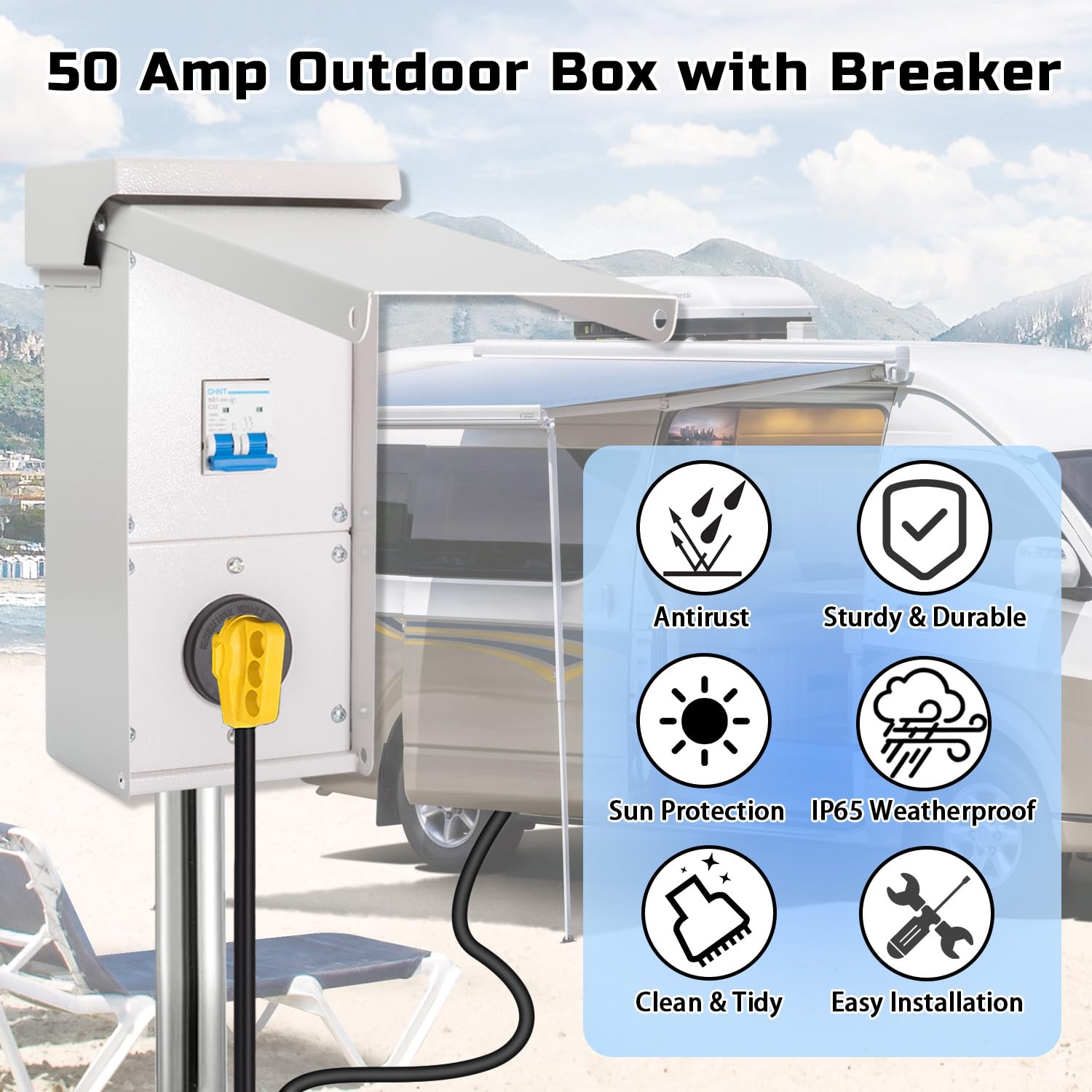 Toma de corriente RV de 50 amperios con disyuntor, receptáculo de exterior con cerradura para RV con carcasa impermeable NEMA-3R, NEMA 14-50R,