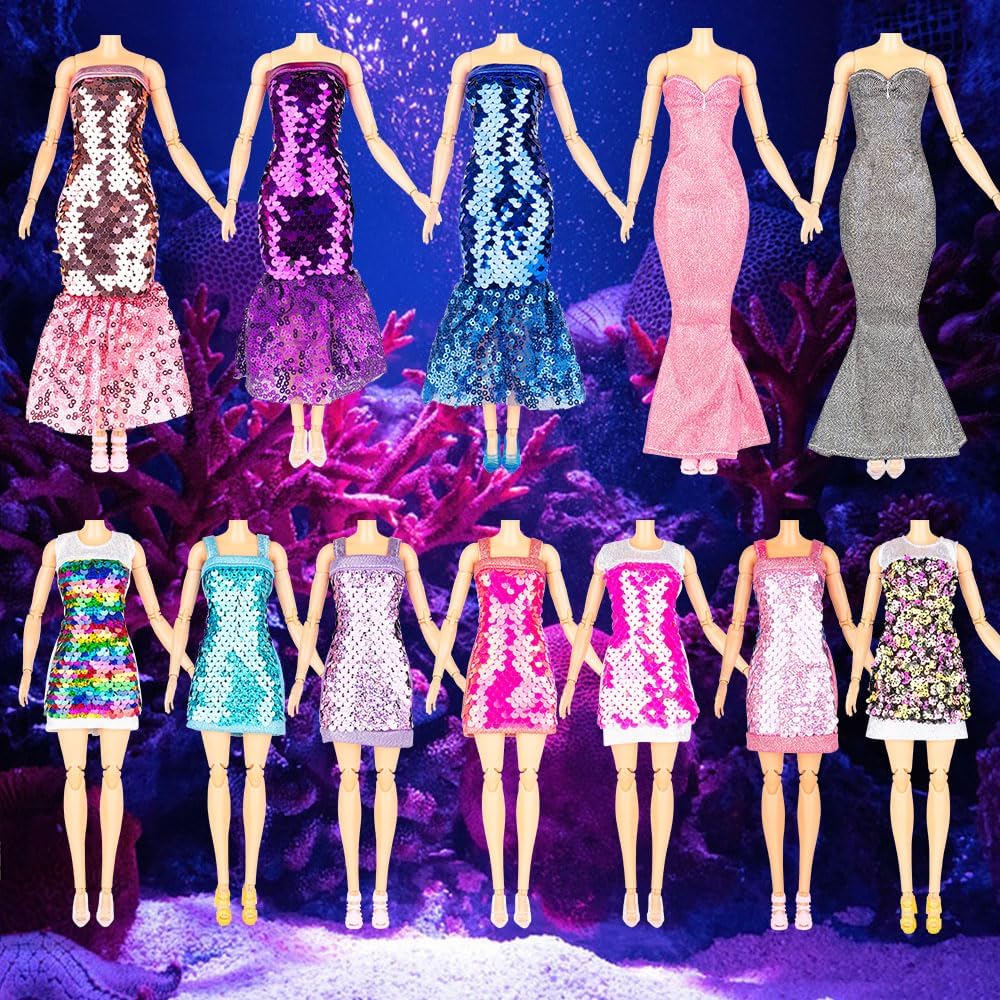 Ropa y accesorios de muñeca de sirena con lentejuelas y brillantina, 12 vestidos de fiesta con purpurina brillante, 2 adornos de corona diferentes y