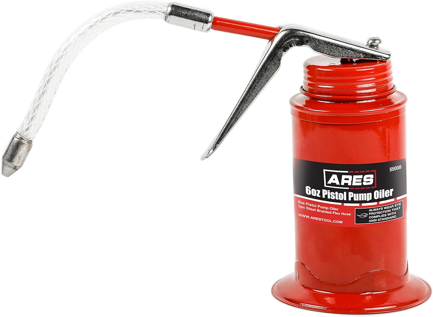 ARES 55008 – Lata de aceite con agarre de pistola roja de 6 onzas, incluye manguera flexible trenzada de acero, bomba de alta presión
