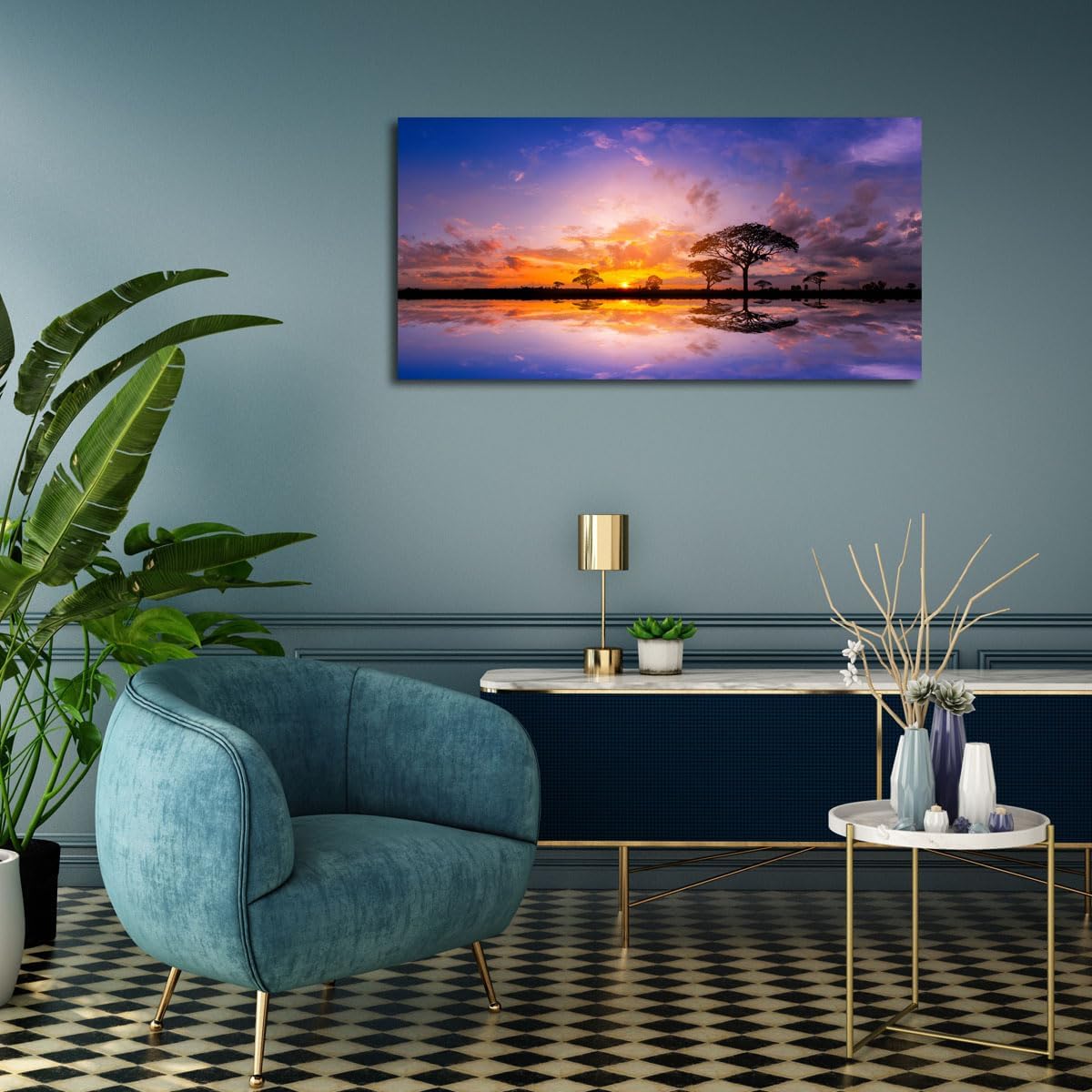 Aibonnly Lienzo decorativo para pared, 1 pieza, diseño de árbol, reflexión, paisaje, póster enmarcado y estirado, listo para colgar, para sala de