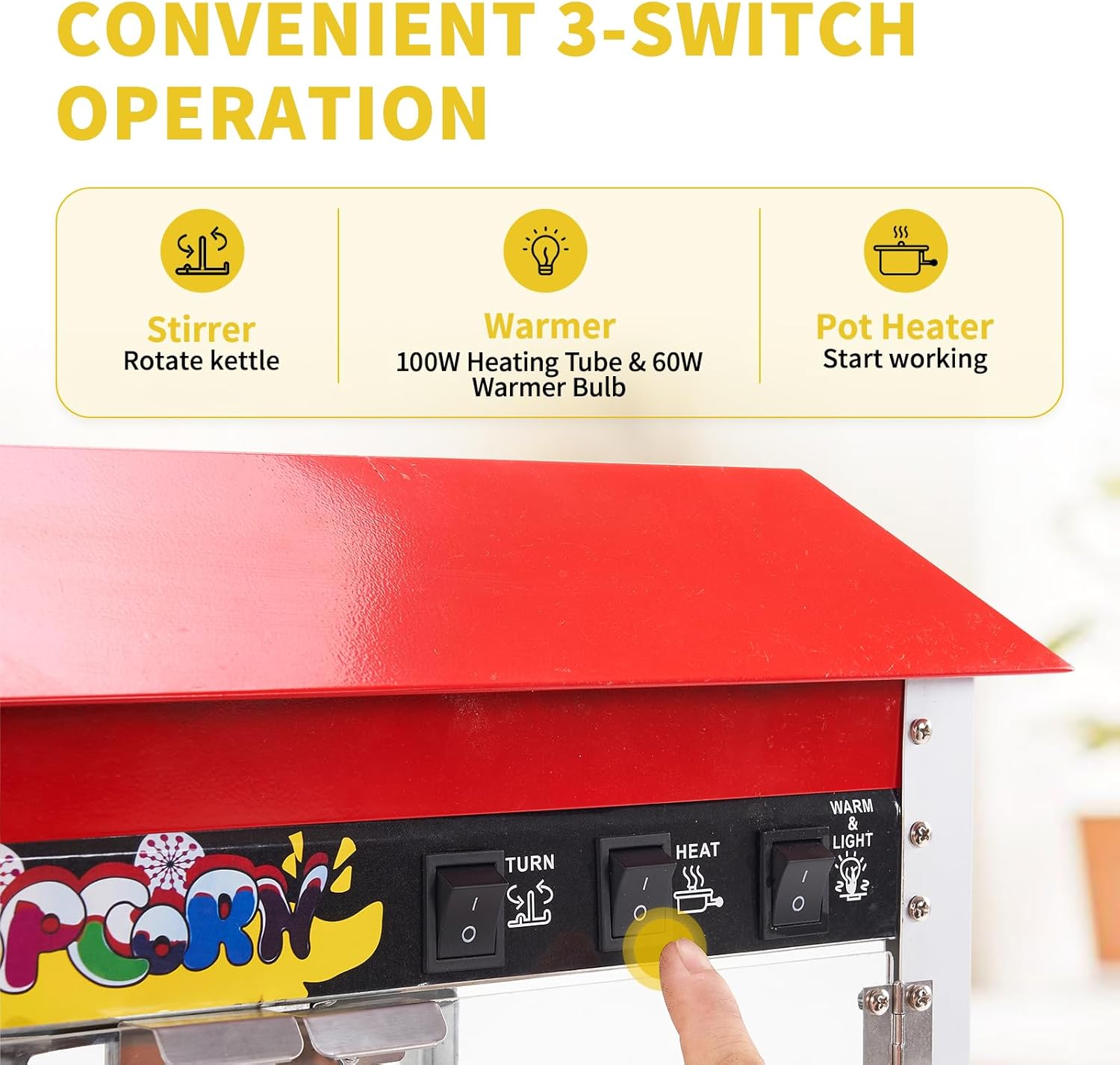 Máquina comercial de palomitas de maíz, hervidor de 10 onzas, máquina de palomitas de maíz para encimera de 1300 W para 60 tazas por lote, máquina