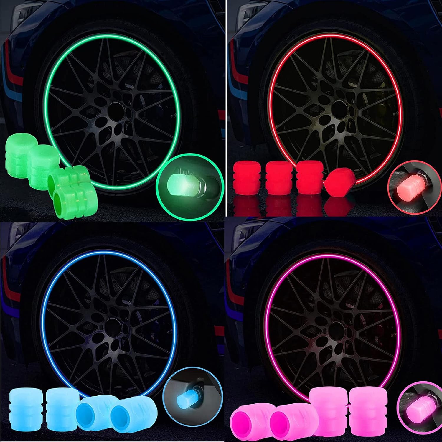 16 tapas universales fluorescentes para válvulas de neumáticos de automóvil, accesorios para válvulas de neumáticos, cubierta luminosa de válvula de