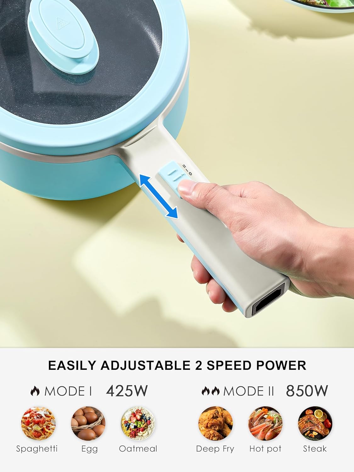 Yabano Olla eléctrica, olla eléctrica antiadherente de 850 W con vaporizador, olla de fideos de 1.6 L con control de potencia doble, olla portátil