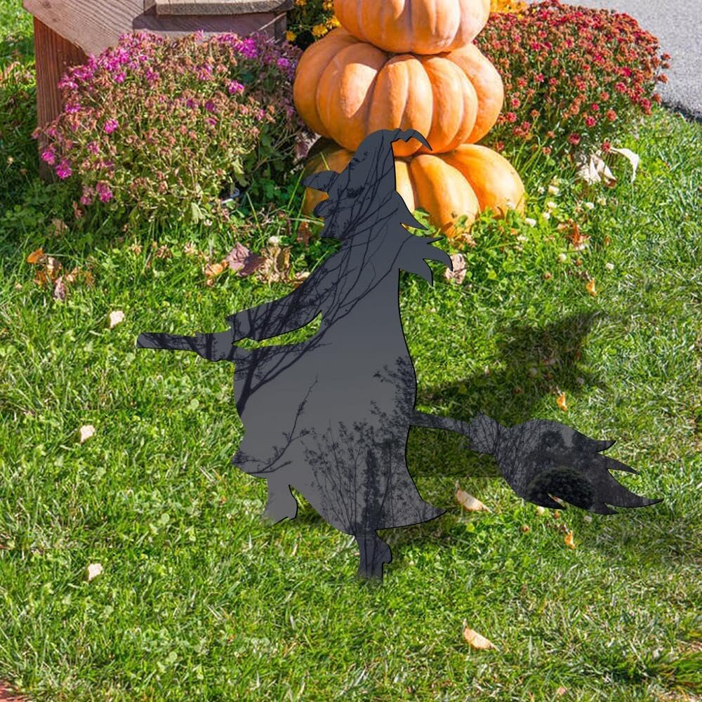 MUDOUCVC Decoraciones de Halloween al aire libre, silueta de bruja negra de Halloween con estacas, letreros de acrílico de Halloween para patio,