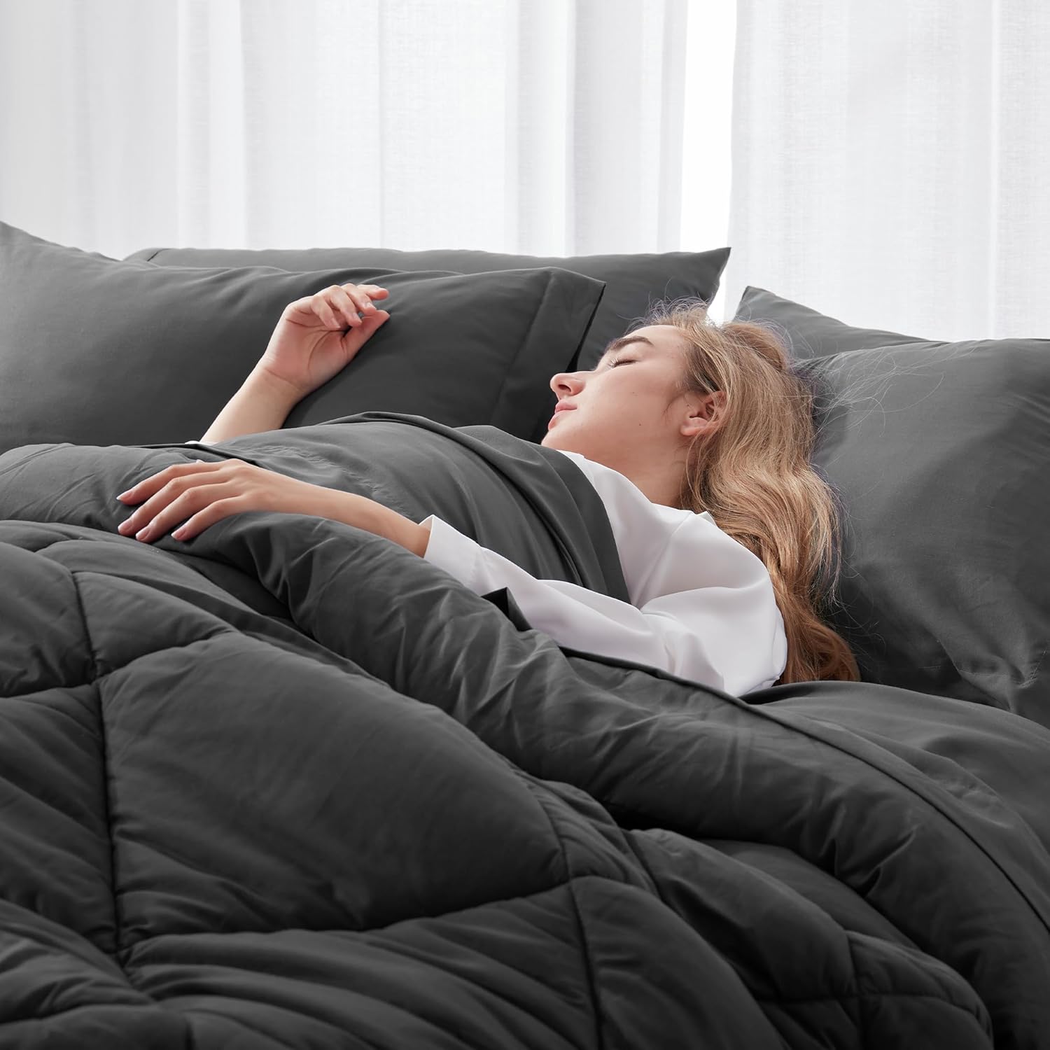 Newspin Juego de edredón de 8 piezas de cama Queen en una bolsa, juego de cama gris oscuro para todas las estaciones, juegos de ropa de cama Queen