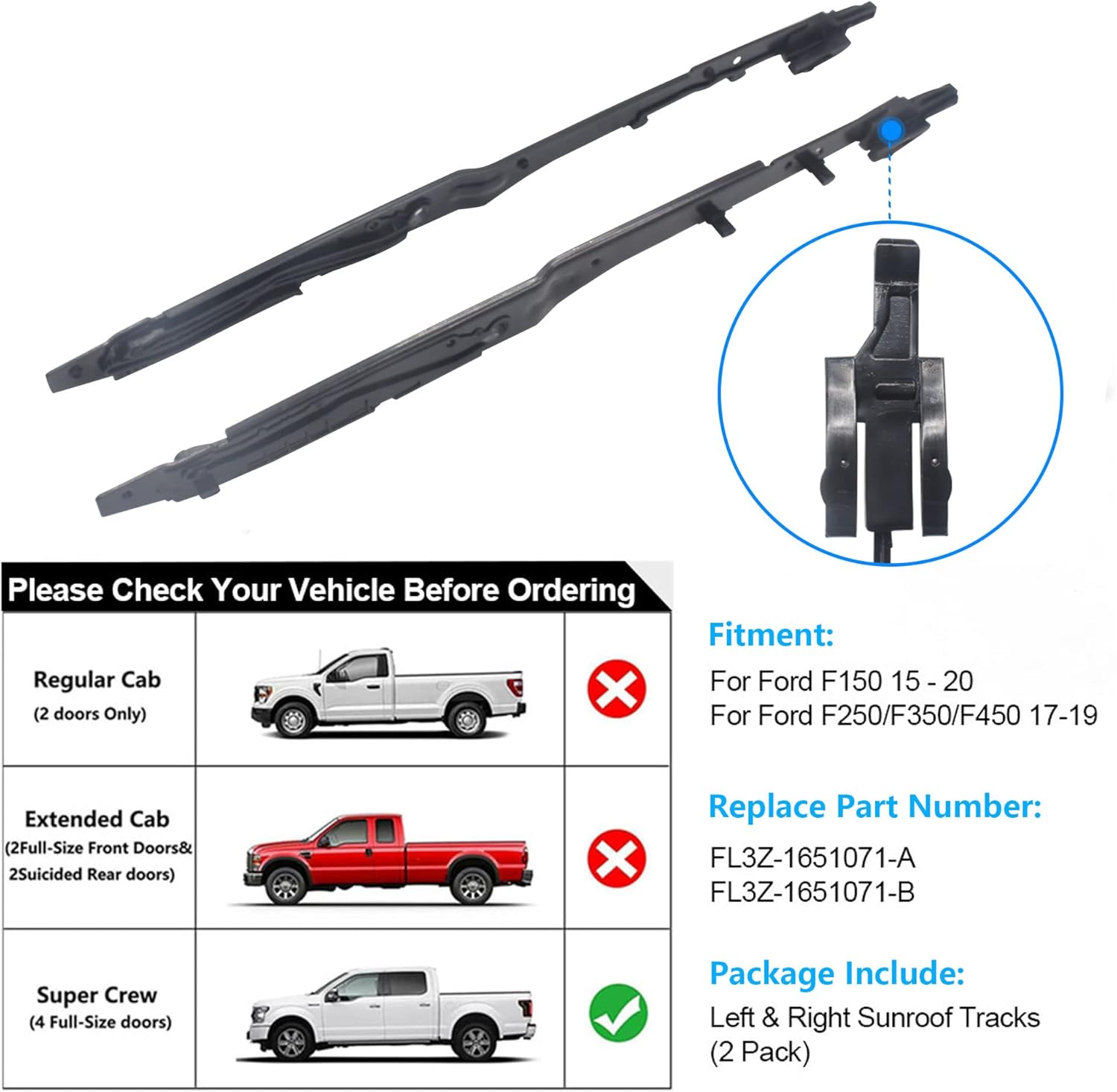 Effoexparts Kit de reparación de montaje de riel de techo corredizo compatible con Ford F150 F250 F350 F450 2015-2020 Reemplazar OE FL3Z-1651071-A,
