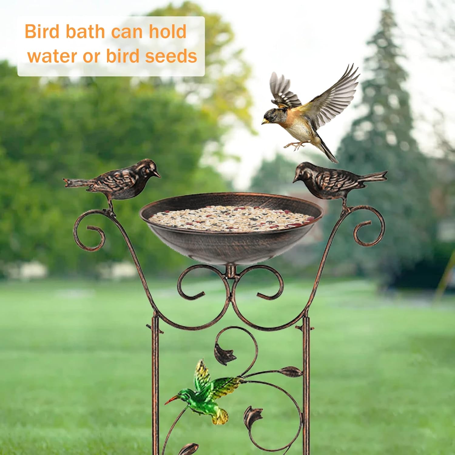 LEWIS&WAYNE Enrejado de jardín para pájaros al aire libre, 40 pulgadas de hierro antiguo enrejado decorativo con colibríes y cuenco desmontable para