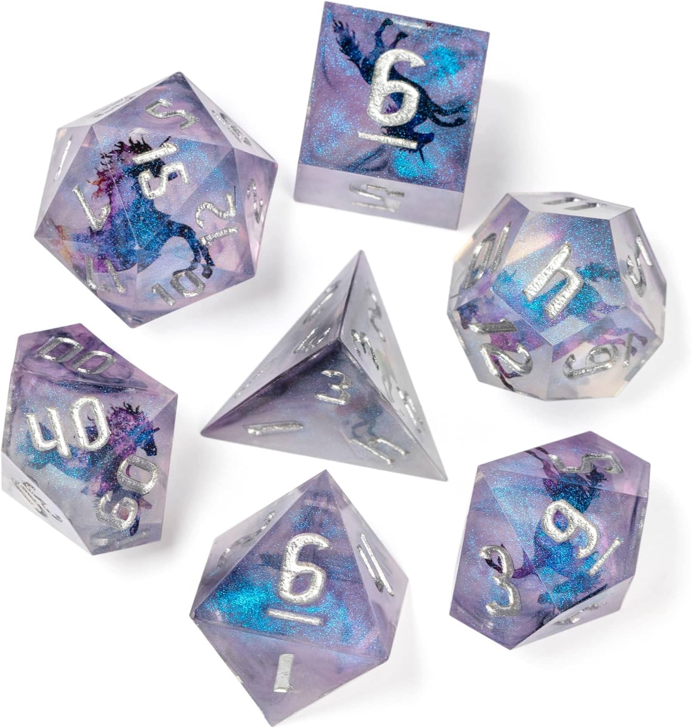 Cusdie Dados DND de bordes afilados, 7 dados D&D, juego de dados poliédricos hechos a mano, para juegos de rol, MTG Pathfinder (unicornio Decoupage)
