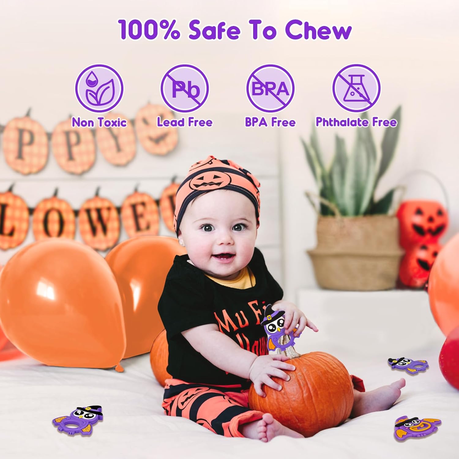 Juguete de dentición de Halloween para bebés de 3 a 12 meses, regalos temáticos de búho lindo de Halloween, juguete de dentición para bebés, curvas