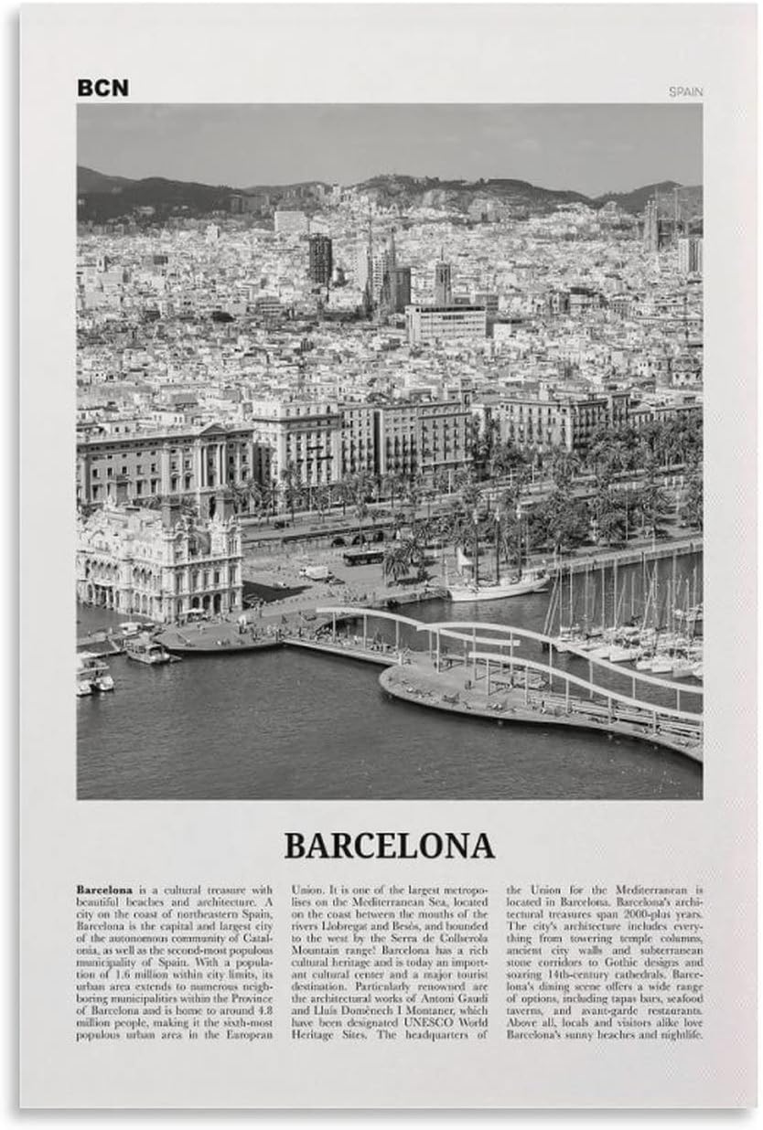 Barcelona – Póster de pared con estampado de océano blanco y negro, póster de Barcelona, foto de Barcelona, lienzo de Barcelona, póster de pared