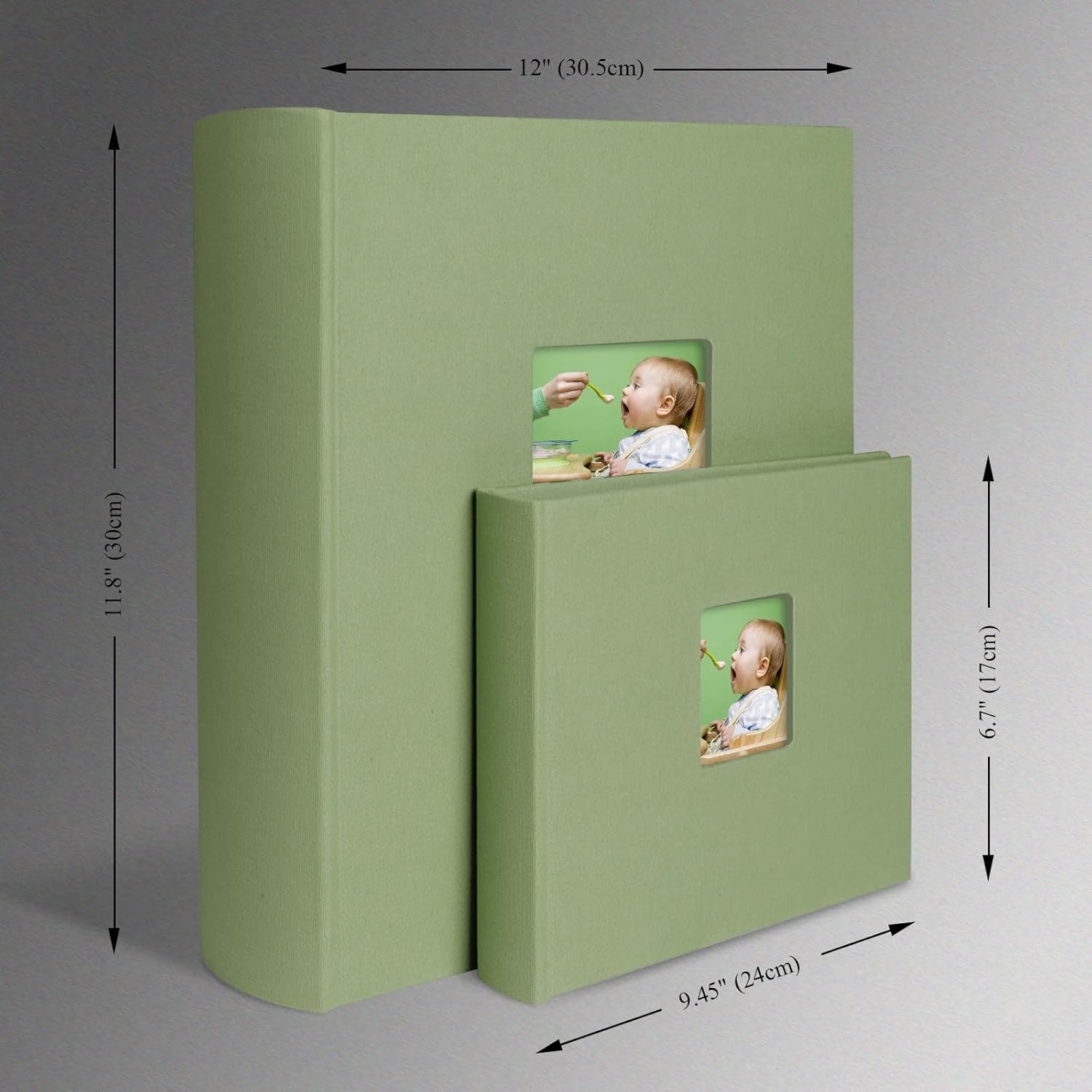 1DOT2 Álbum de fotos verde salvia de 11.8 x 11.8 pulgadas, 120 páginas con tapa dura de tela antiestática, páginas interiores sin ácido, lignina y