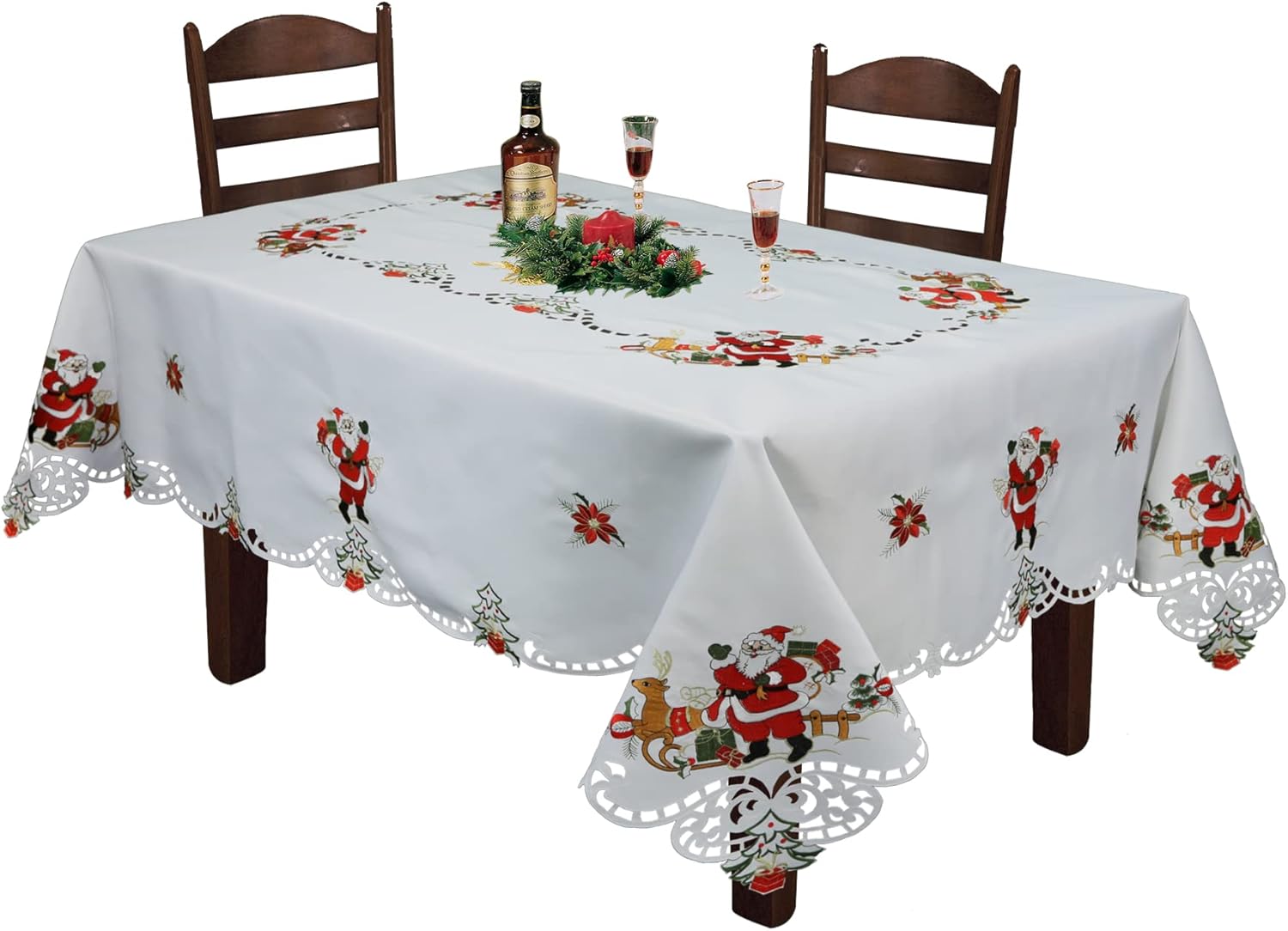 Mantel navideño de 70 x 90 pulgadas con 8 servilletas bordadas de Papá Noel, renos rojos, flor de pascua, mantel de invierno, rectangular, color