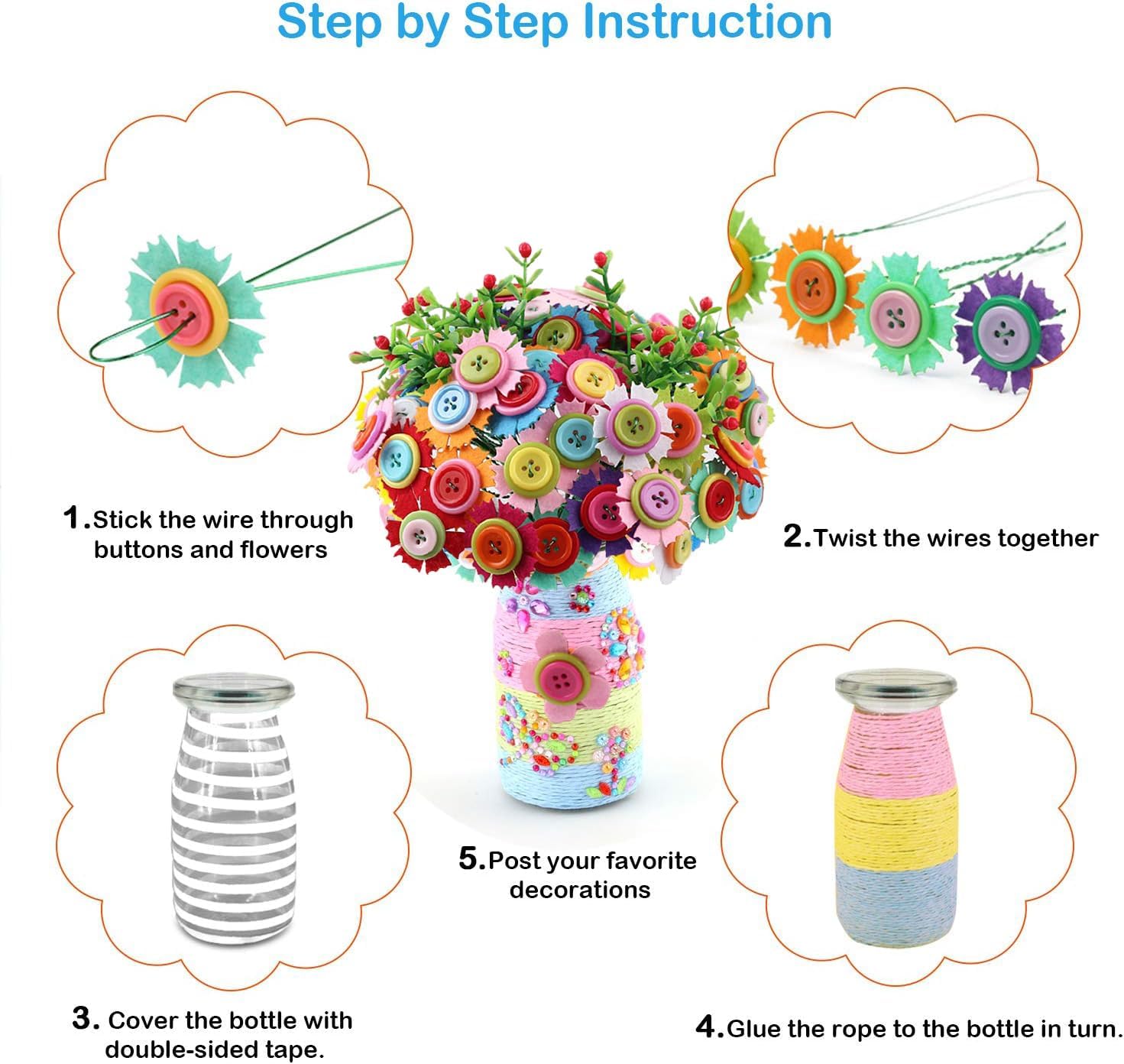 Korilave Manualidades para niñas de 6 a 8 años, haz tu propio ramo de flores con botones y flores de fieltro, arte y manualidades para niños de 8 a