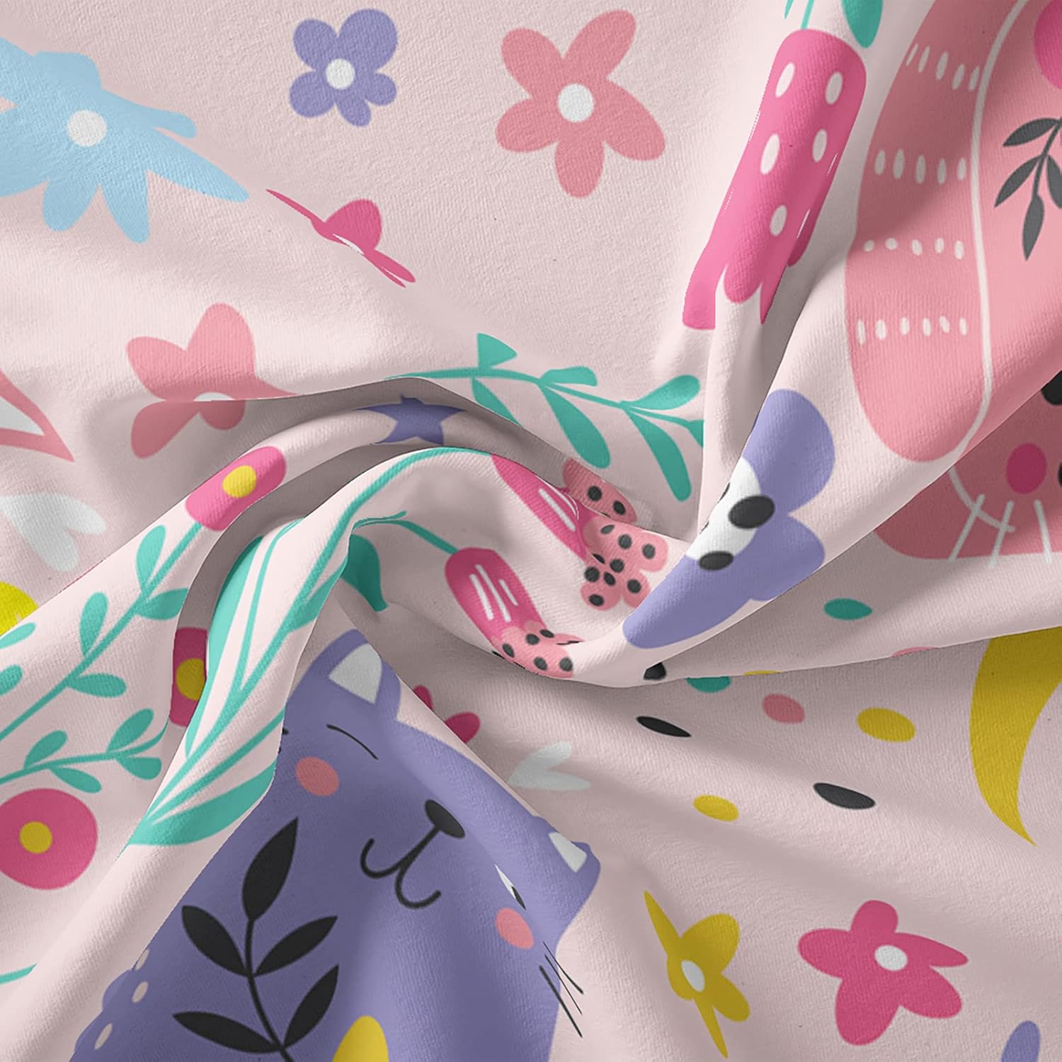 QOOMO Juego de edredón floral de gato tamaño Queen, juego de edredón de gato rosa para niños, adolescentes y niñas, juego de ropa de cama de 3