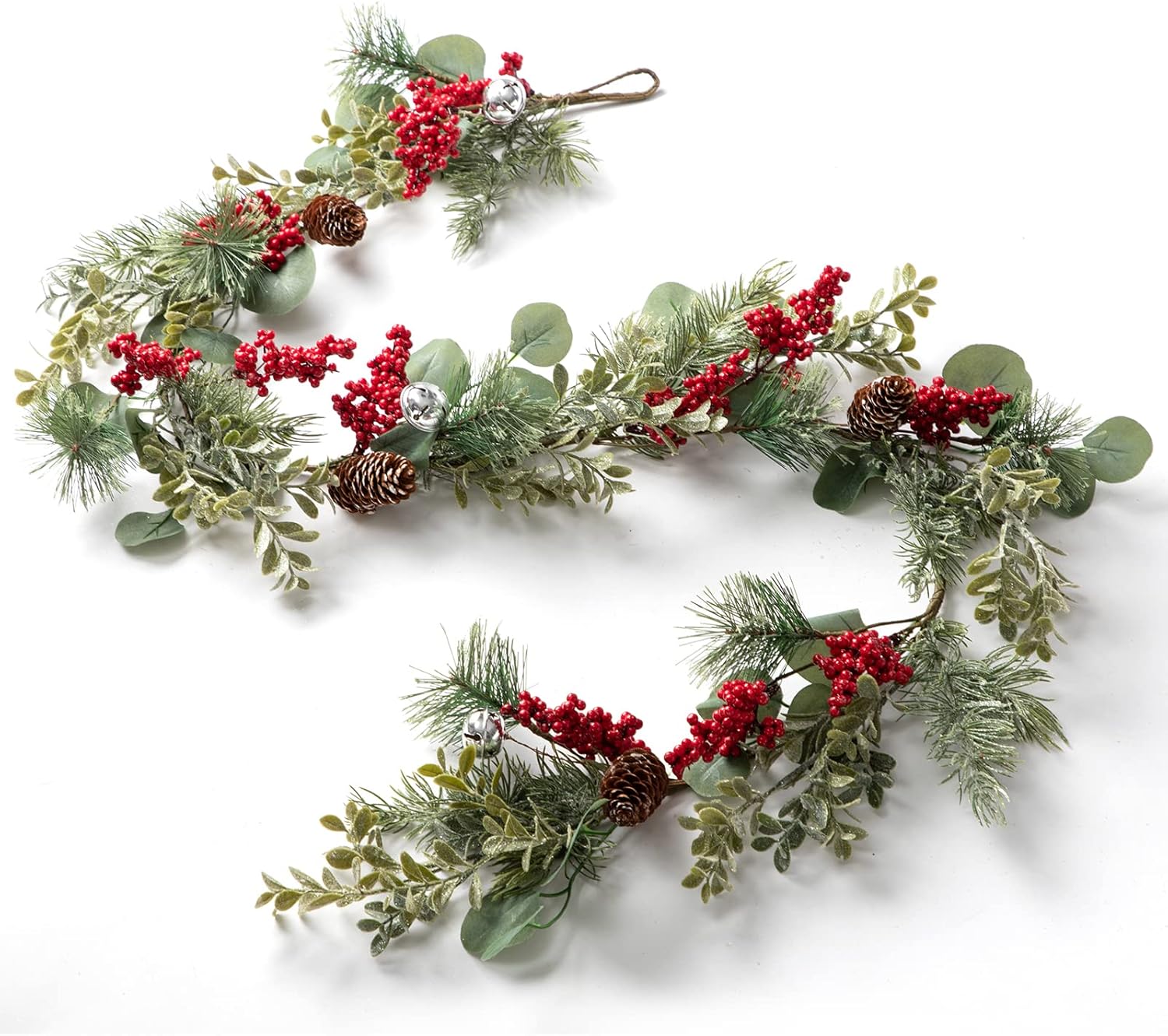 LOHASBEE Guirnalda de Navidad artificial, guirnalda de eucalipto de cono de pino de 5 pies con bayas rojas, campanas y purpurina verde para Navidad,